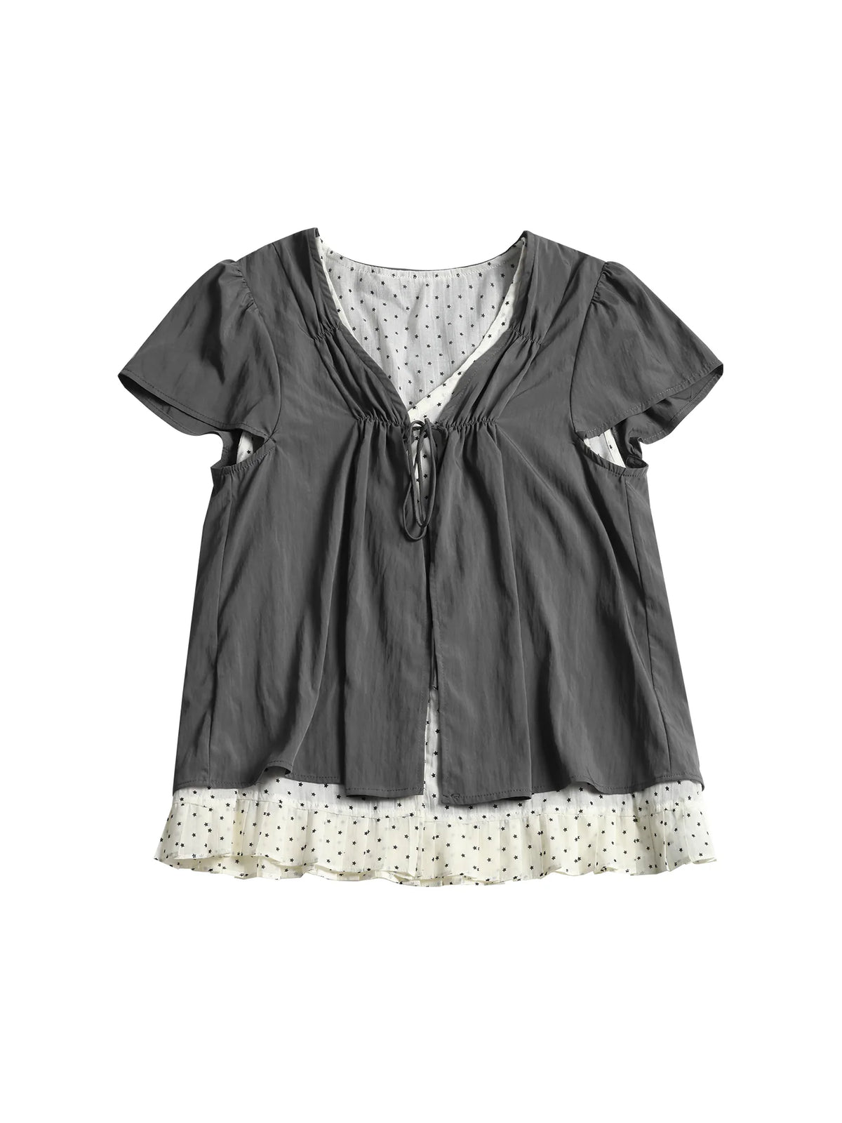 Two days off lab Fake Two-Piece V-Neck Puff Sleeve Breathable Tee
