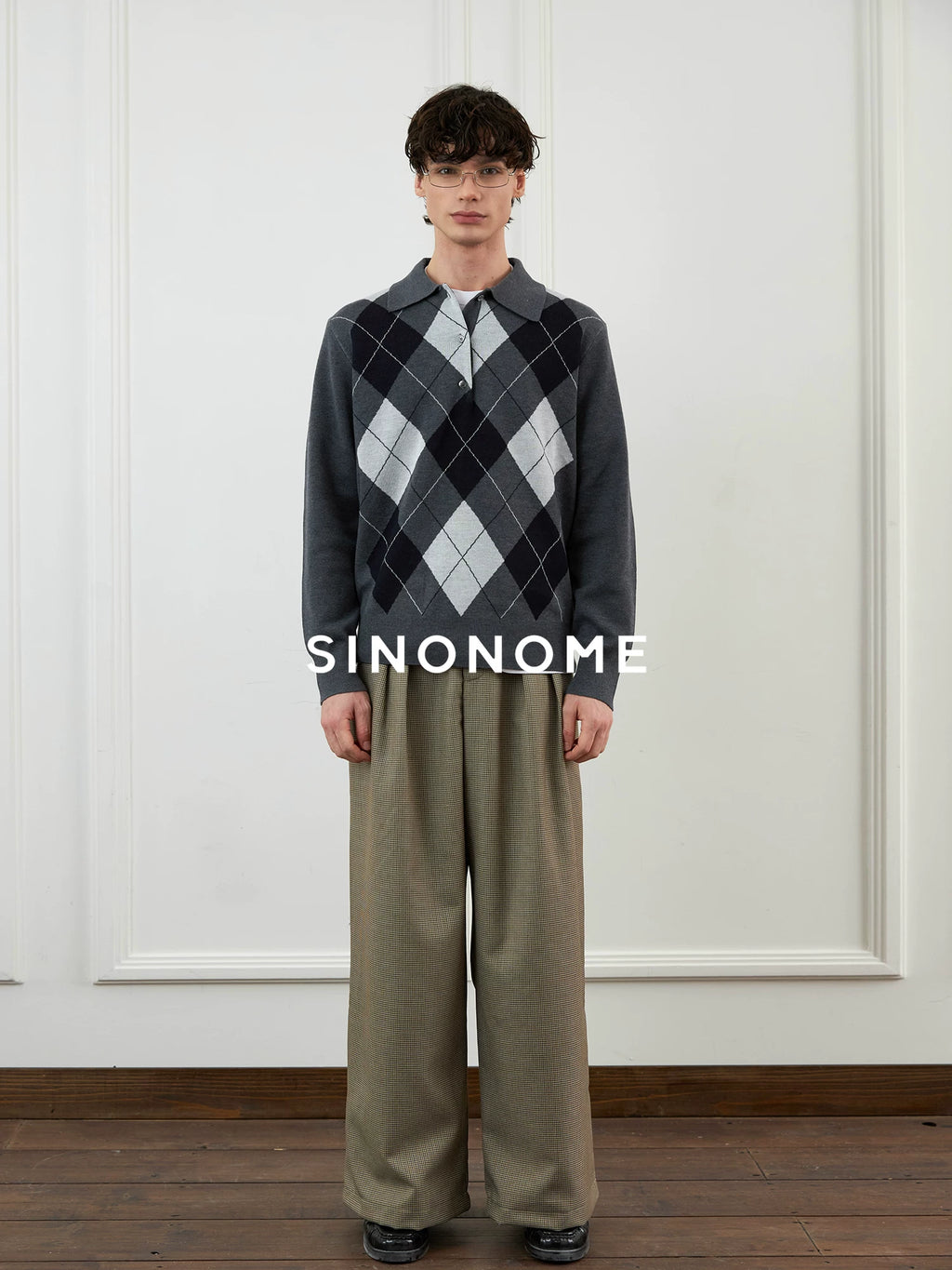 SINONOME wool blended grid retro Polo long-sleeved knitted sweater