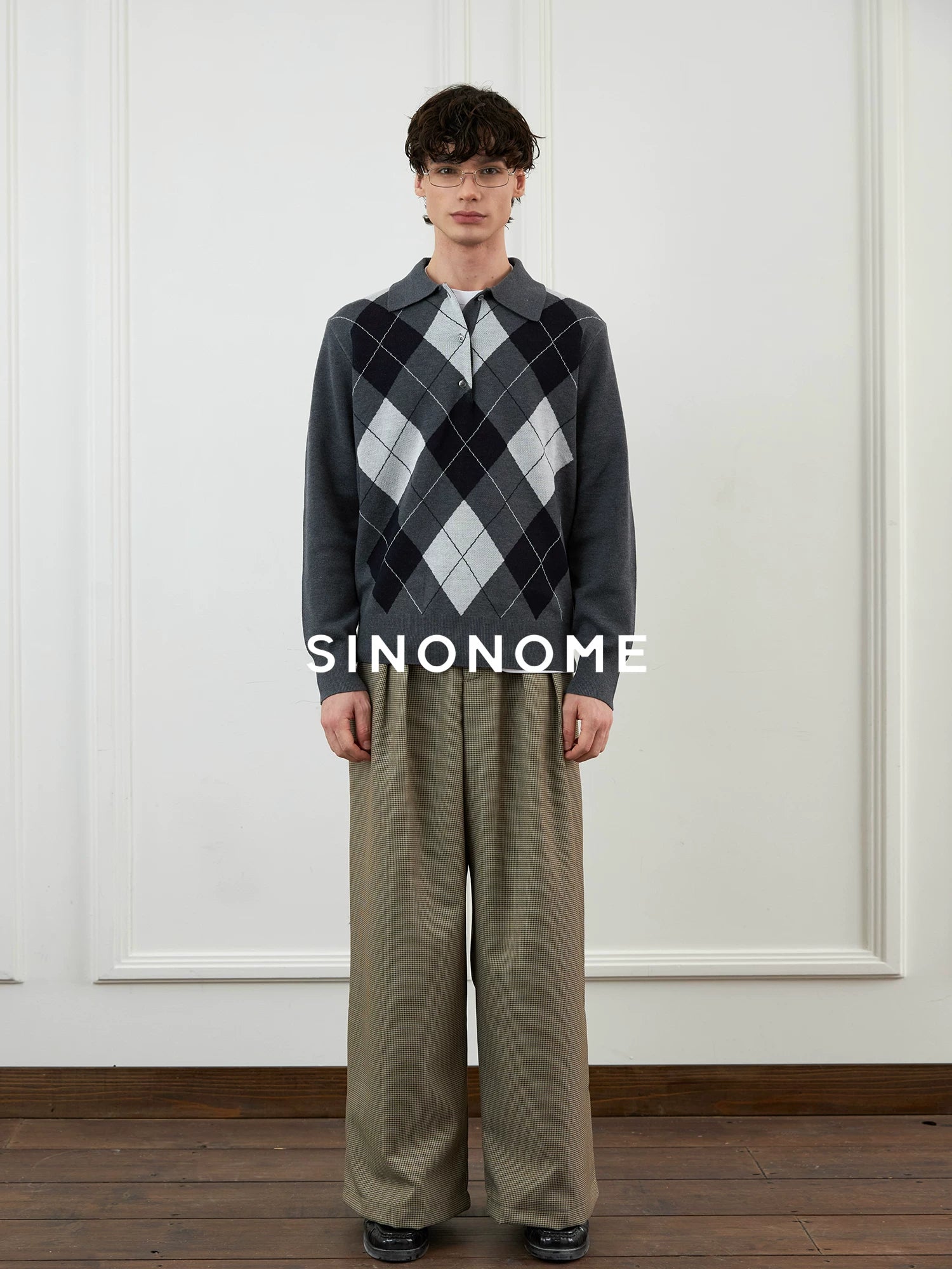 SINONOME wool blended grid retro Polo long-sleeved knitted sweater