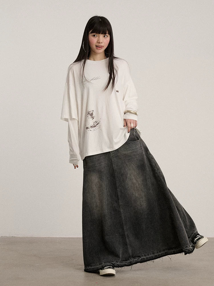 Achihara Black Beach Low-Rise A-Line Denim Maxi Skirt