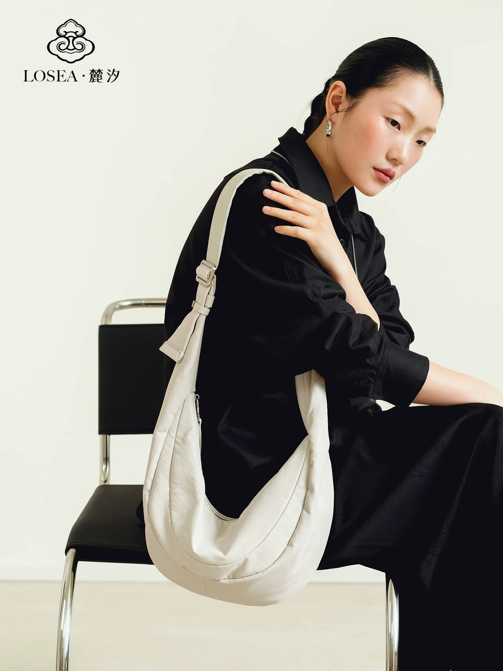 LOSEA White Faux Leather Zip Hobo Bag