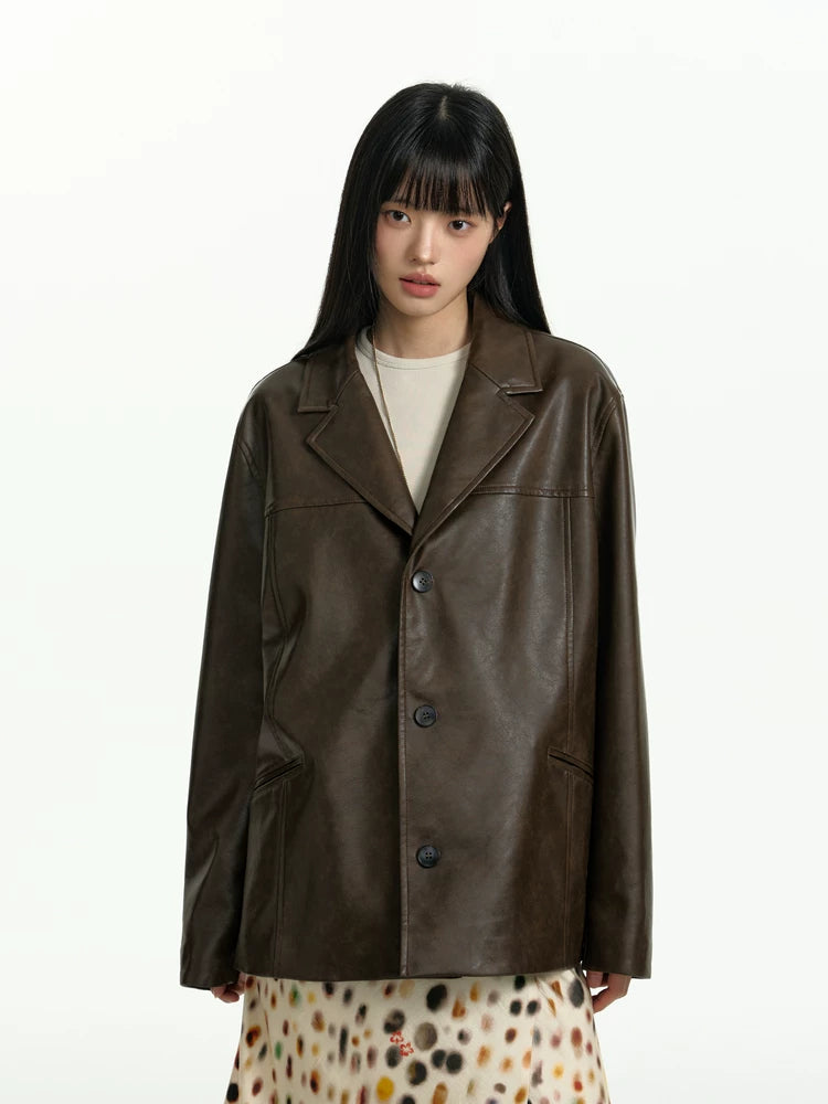 TGNS Vintage Pu Leather Lapel Jacket
