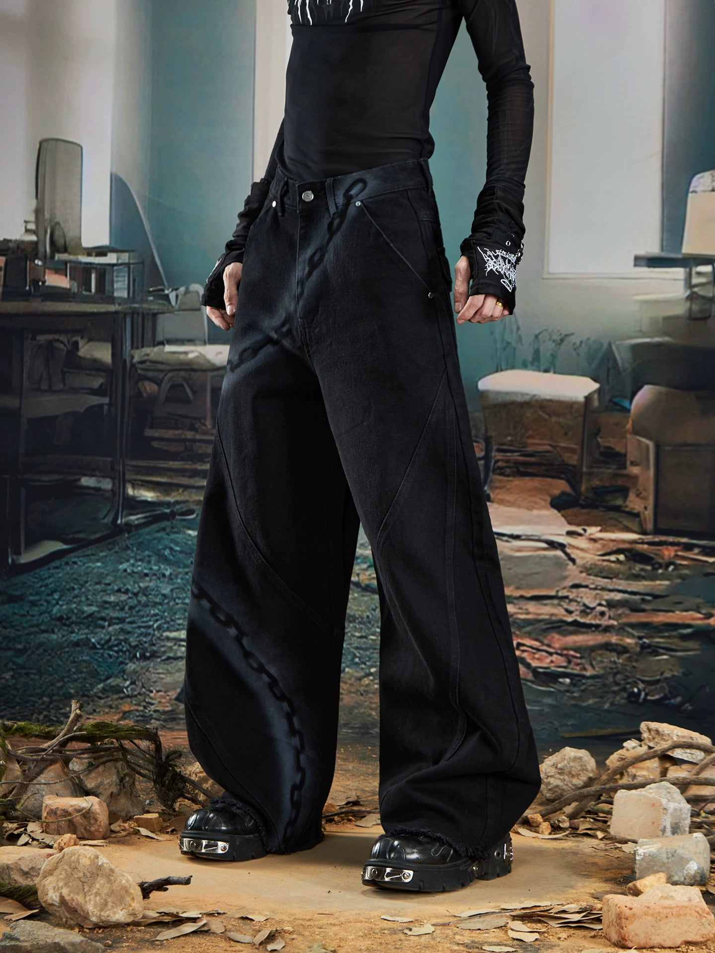 NOMANIAI Inkjet Graffiti Wide-leg Scimitar Jeans