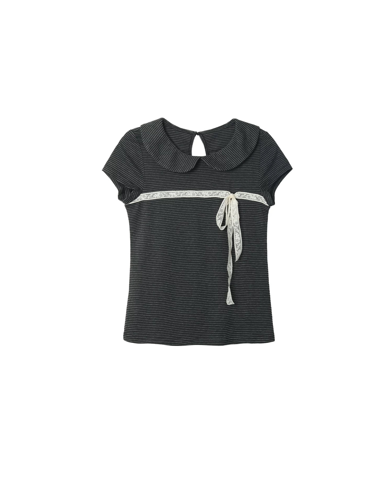 Two days off lab Striped Lace Trim Breathable Slim Fit Tee