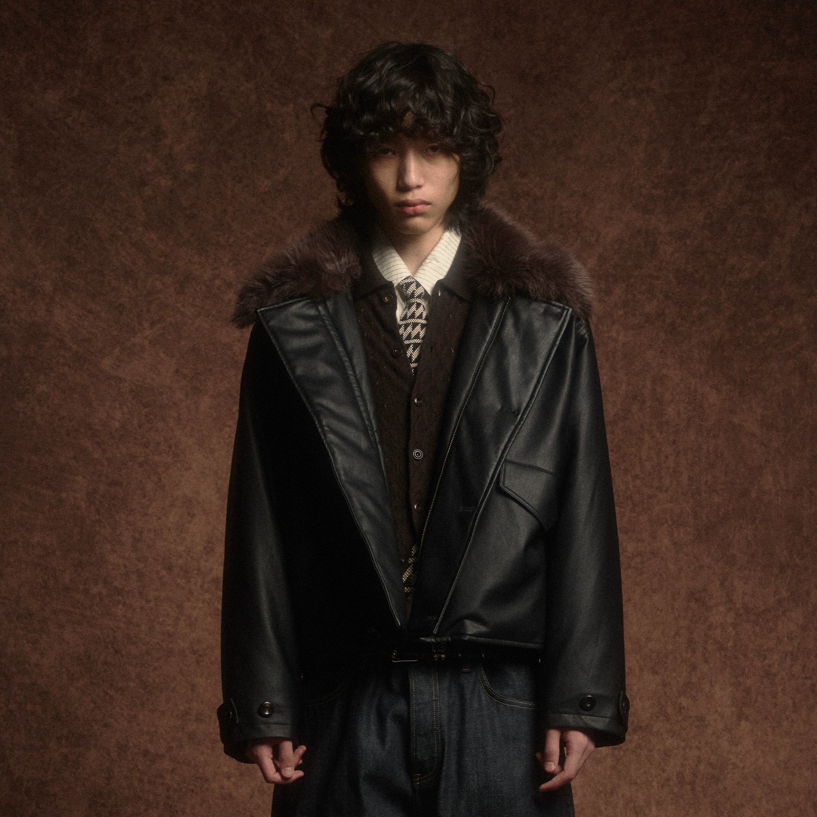 Azure Lisseur Sweater Collar Leather Jacket