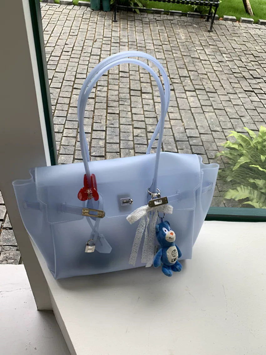 Fat*2 Semi-Transparent Faux Leather Buckle Top-Handle Bag