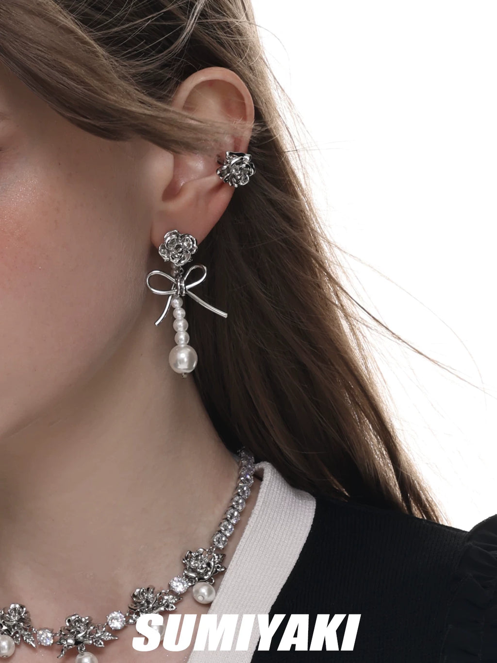 SUMIYAKI Pearl Rose Teardrop Long Earrings