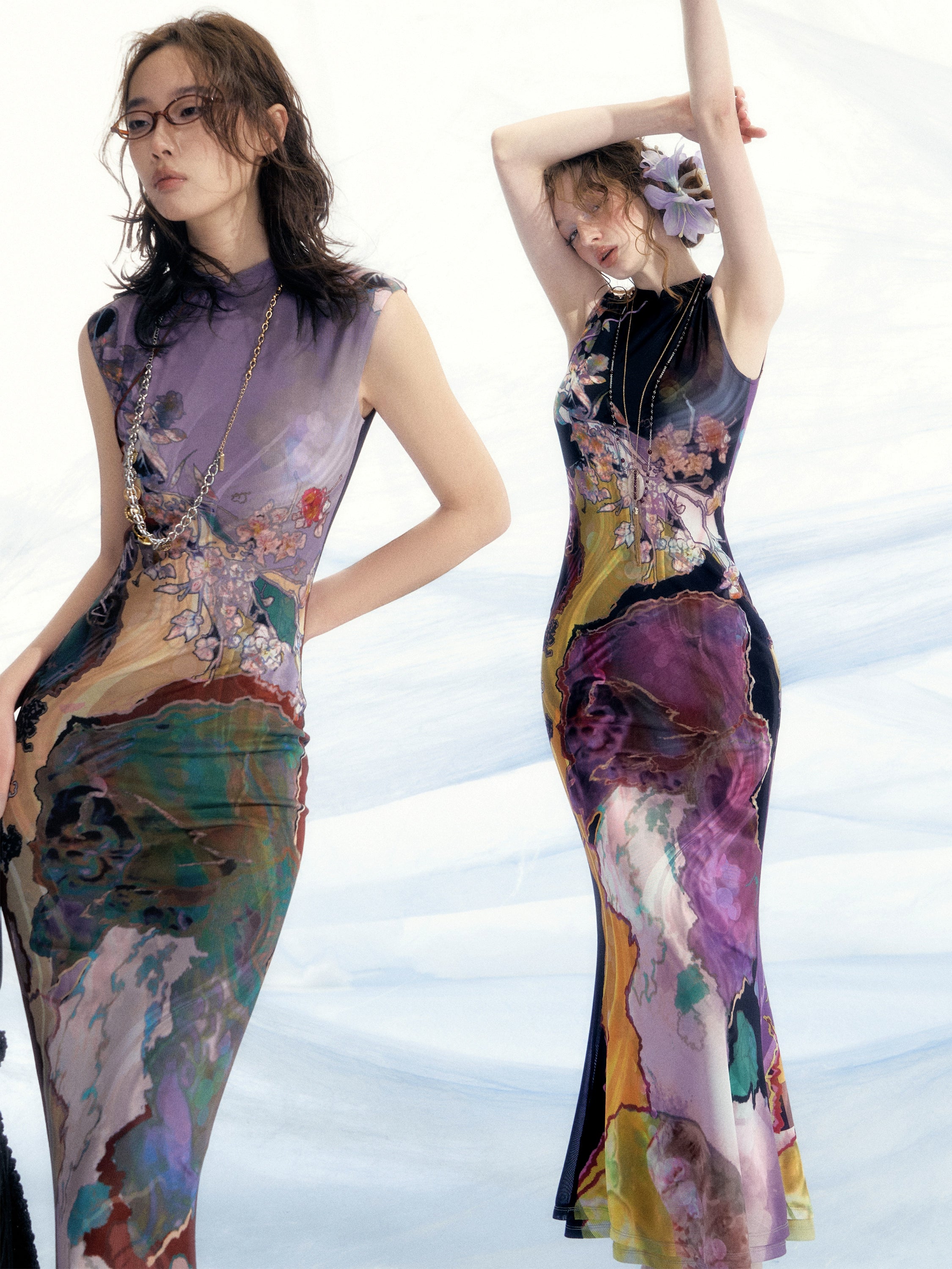 OfAkiva Contrasting Color Print Cheongsam Dress