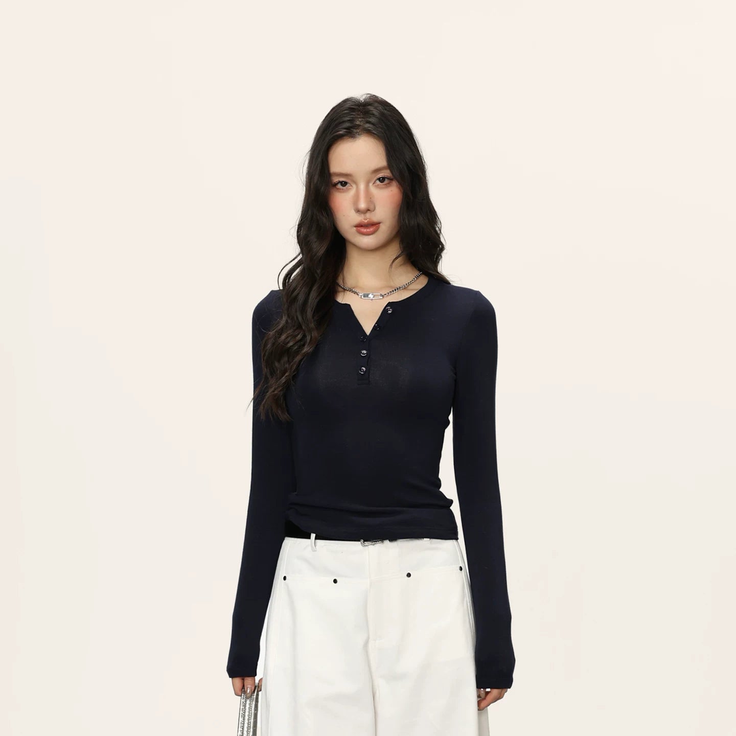 Cherry Melody Henry Collar Fleece Slim Fit Long Sleeves