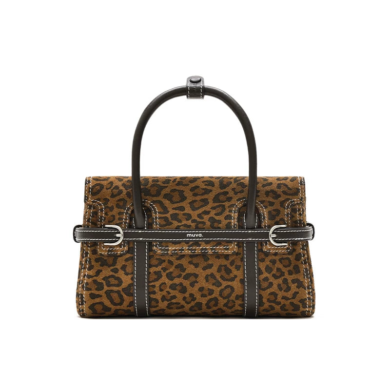 MUVA Vintage Leopard Print Brown Leather Crossbody Small Square Bag