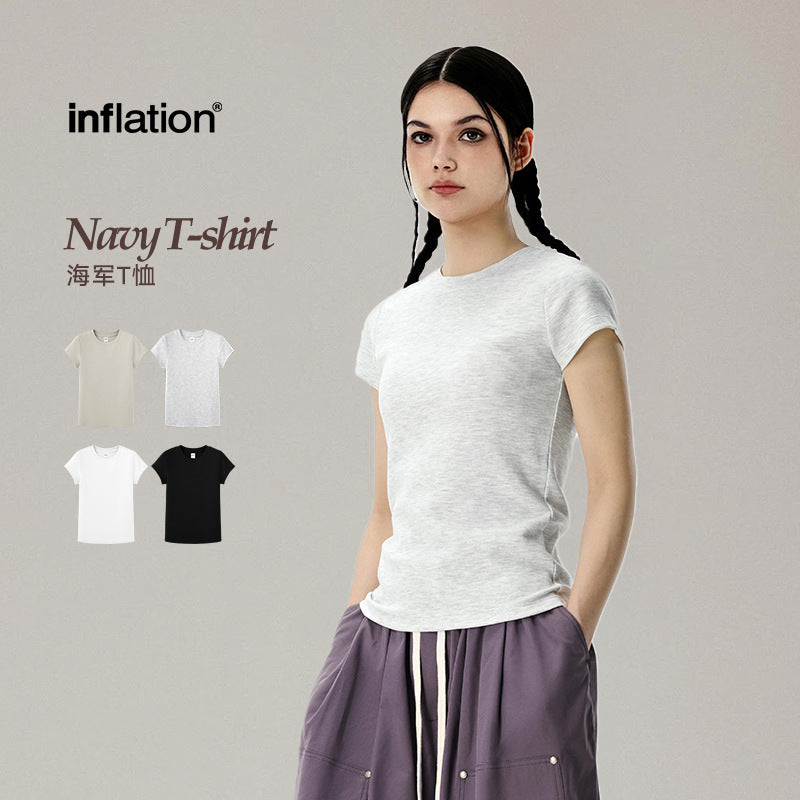 INF 270G Elastic Skinny Navy Heavy Women Slim Short Tee