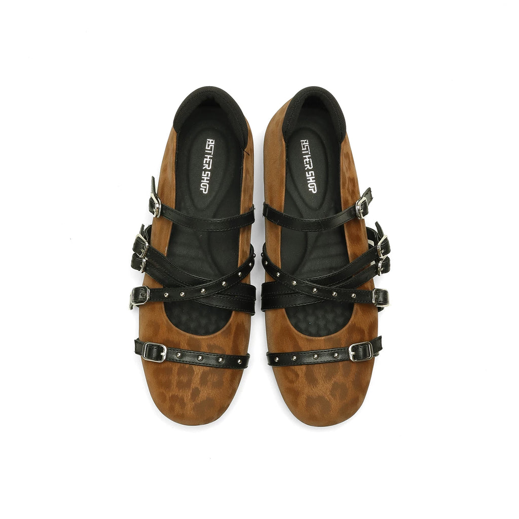 ASTHER Leather Round-Toe Studded Mary Jane Flat