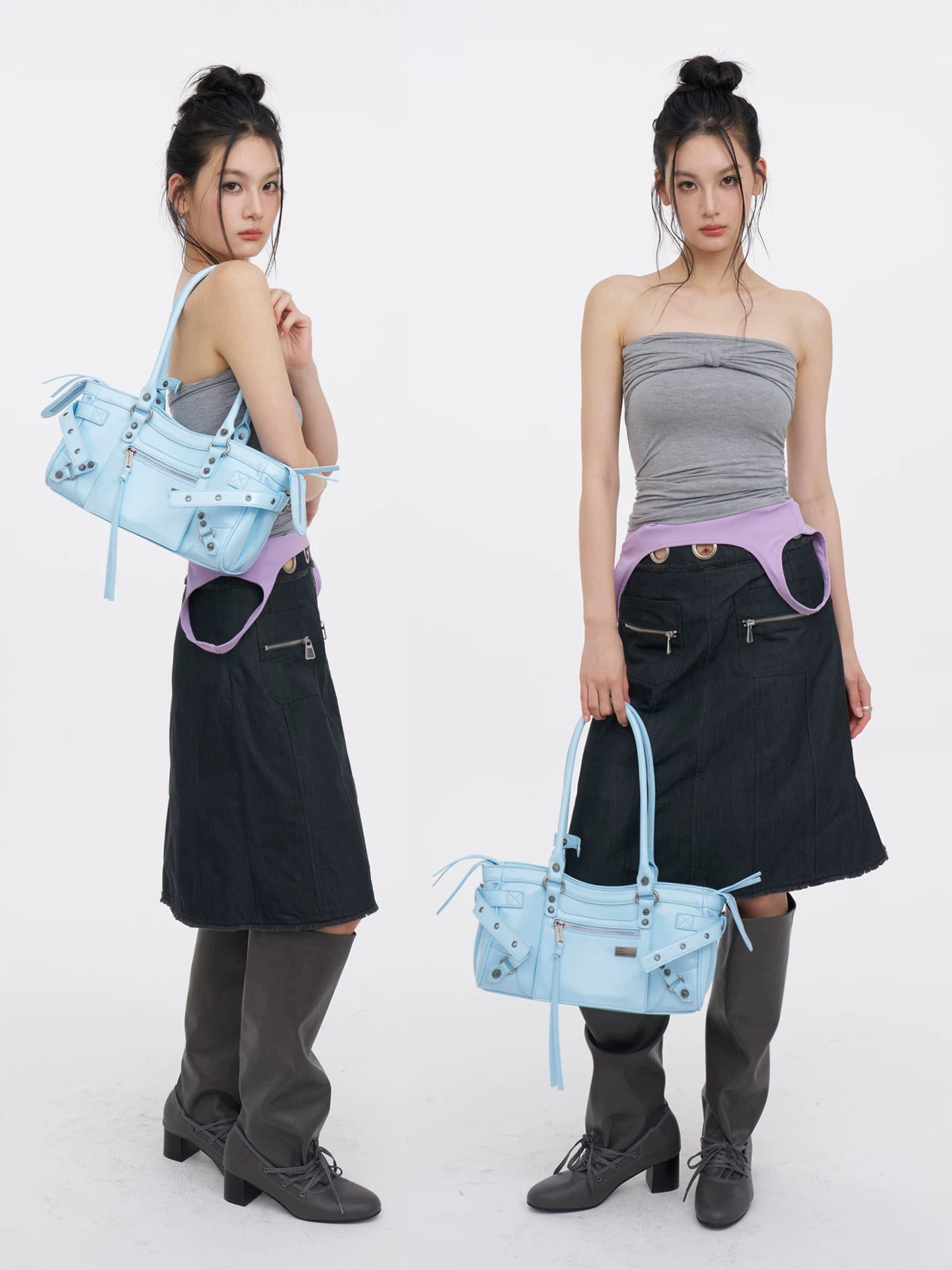 JANDRESS Blue Rivet Faux Leather Zip-Top Underarm Bag