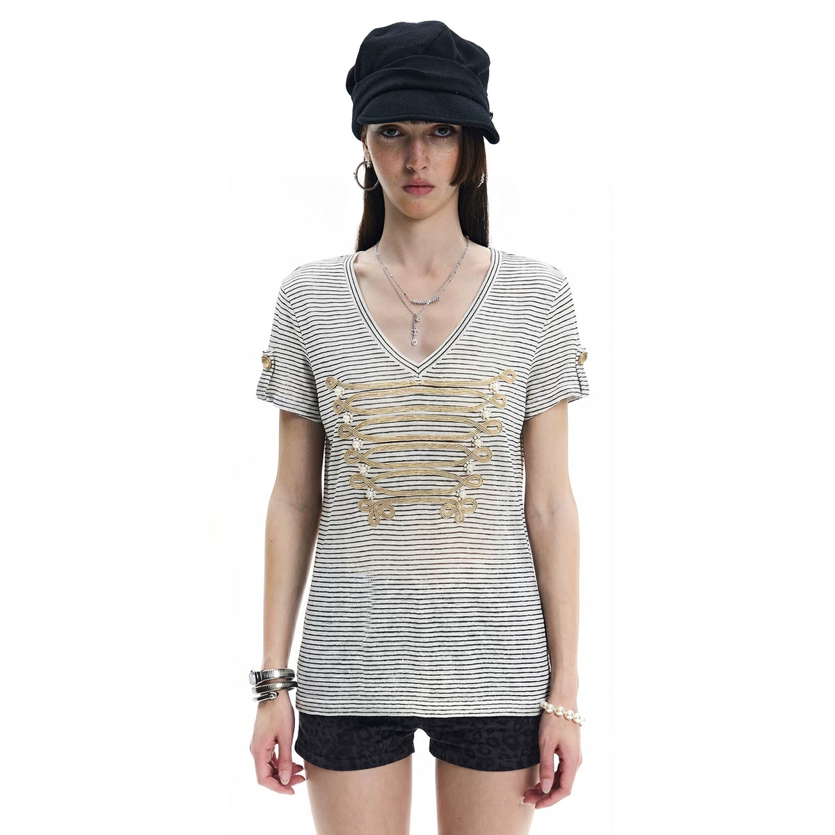 FayChui Palace Pearl Knotted Striped Breathable Tee