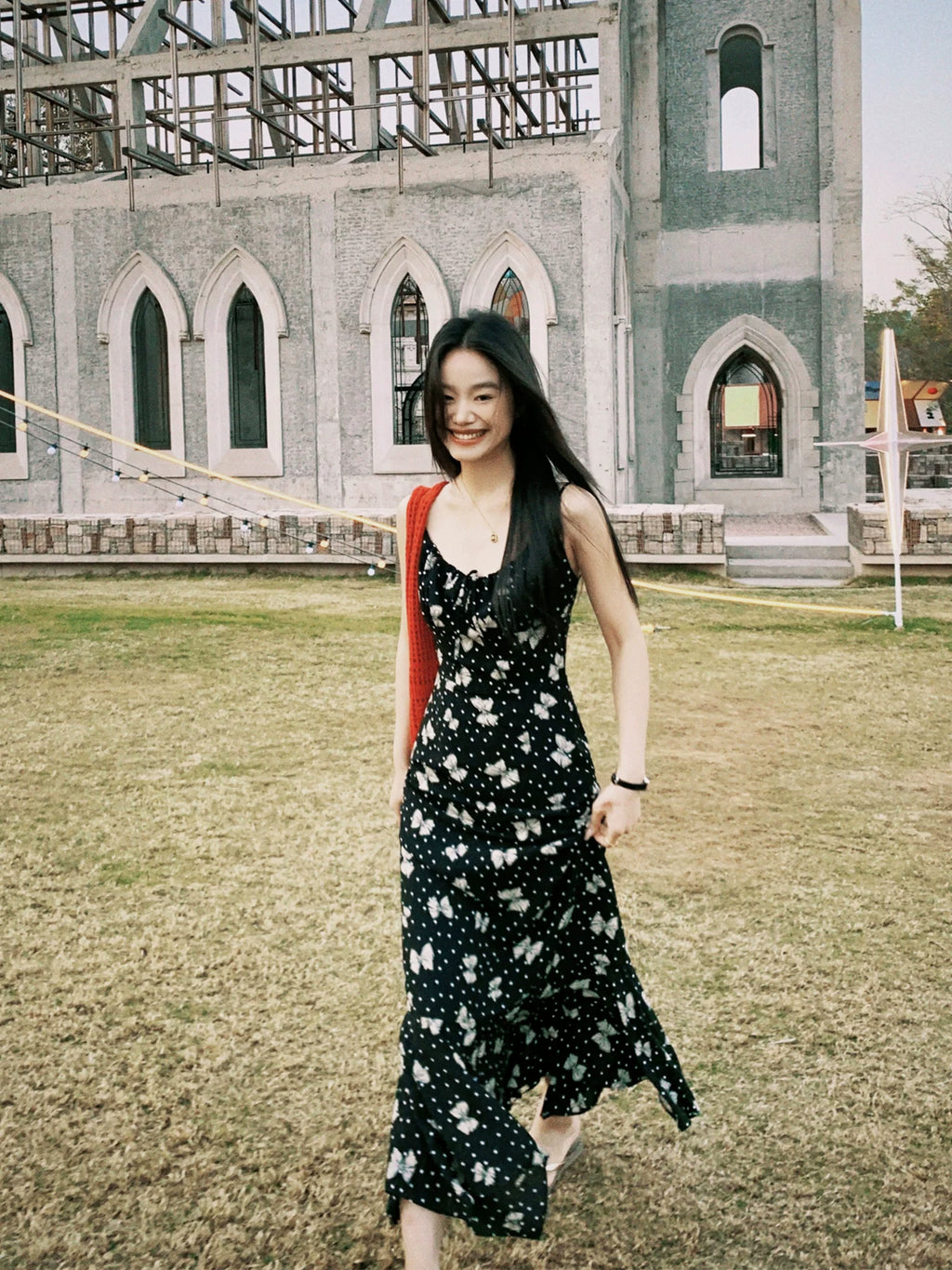 Pusumede Butterfly Print Suspender Dress