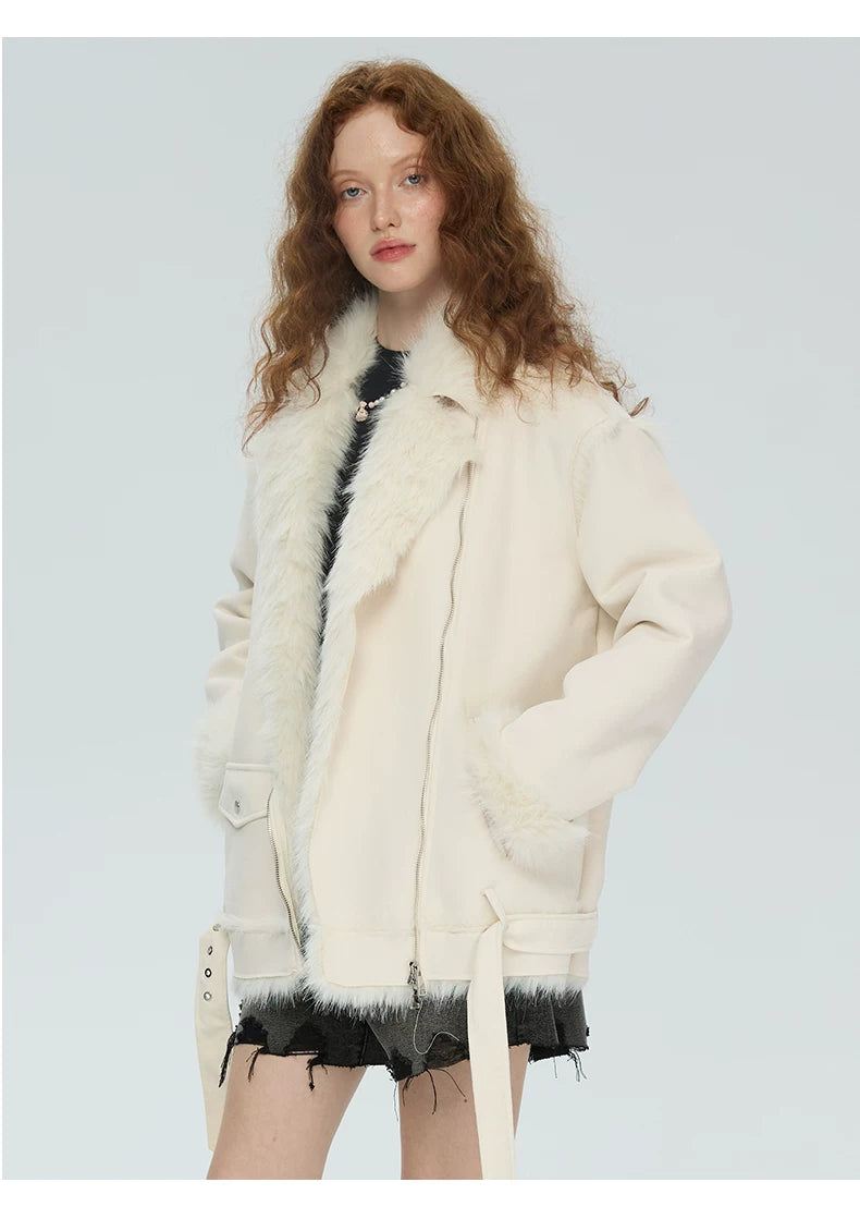 SUREENOUGH Vintage Fur All-in-one Loose Motorcycle Jacket