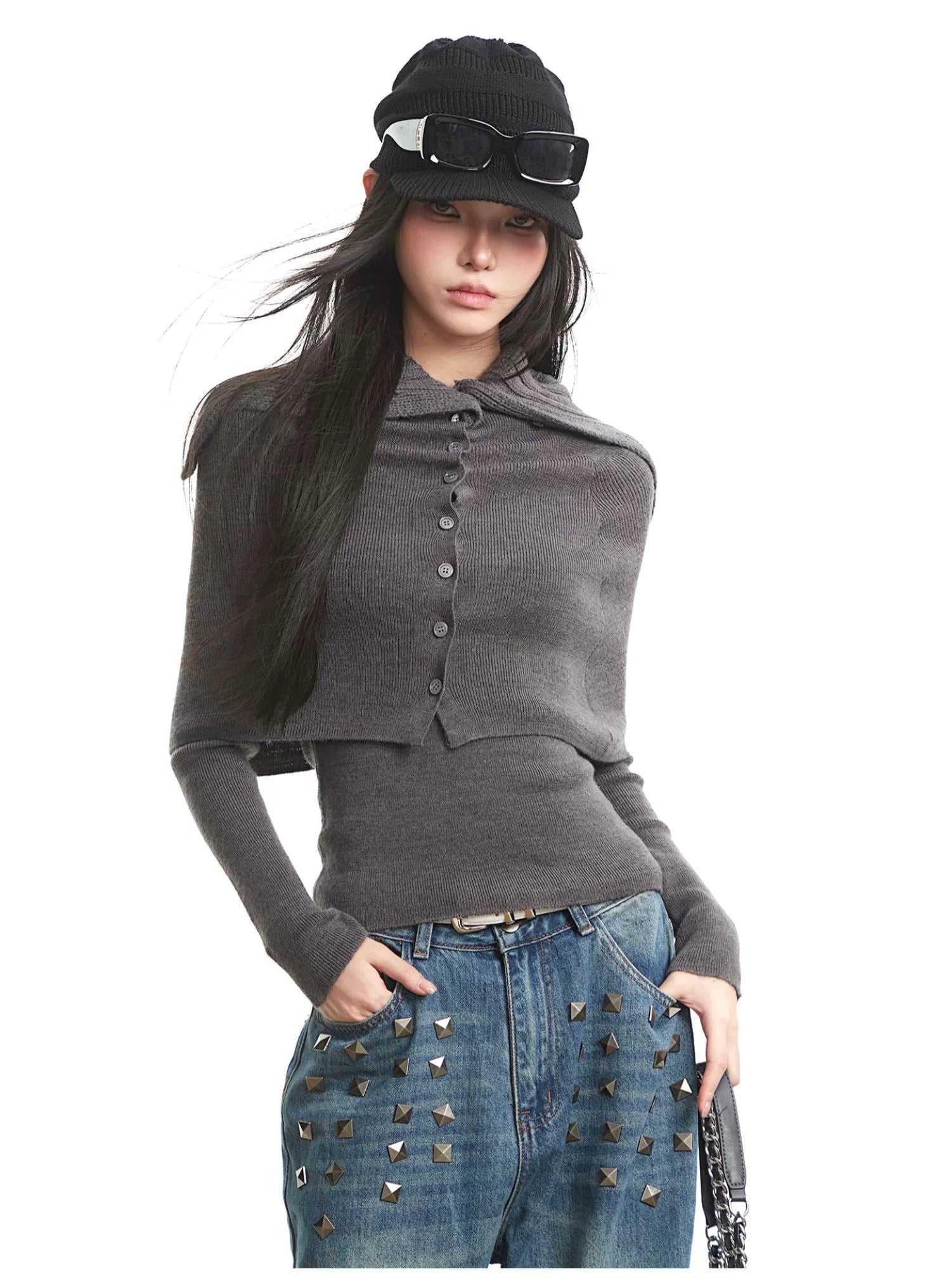 UNCMHISEX Turtleneck Long-sleeved Knitted Cardigan
