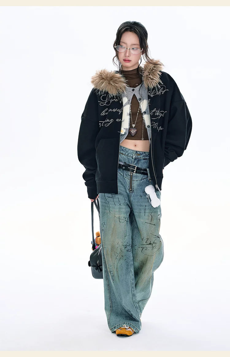 BJHG Vintage Fleece Collar Hooded Sweater Jacket