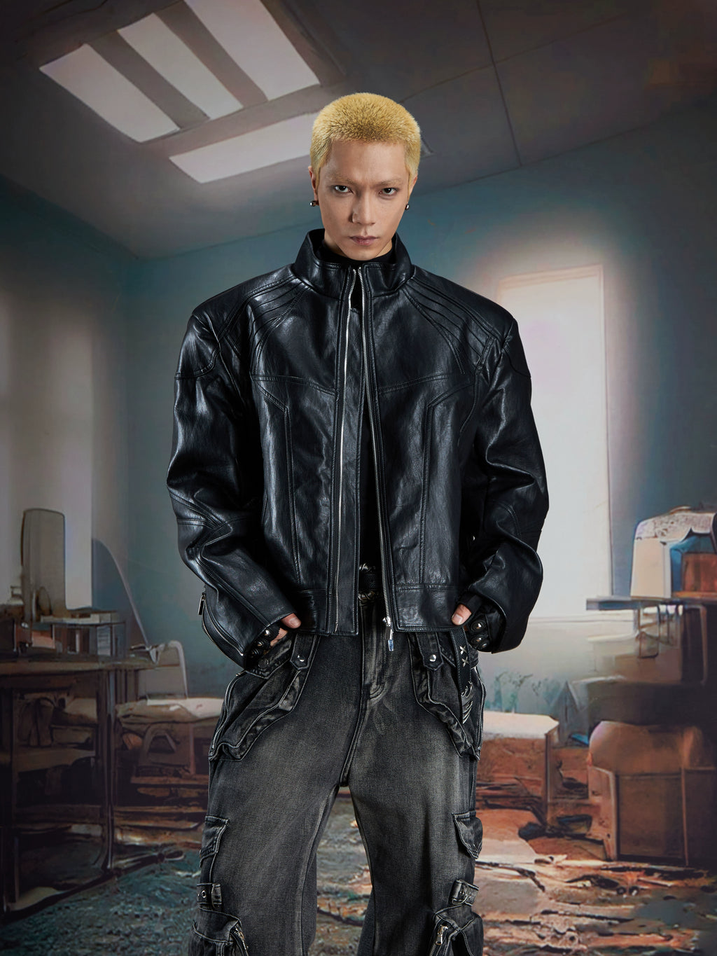 NUndefined Stitched Stand-up Collar Loose Zip Leather Jacket
