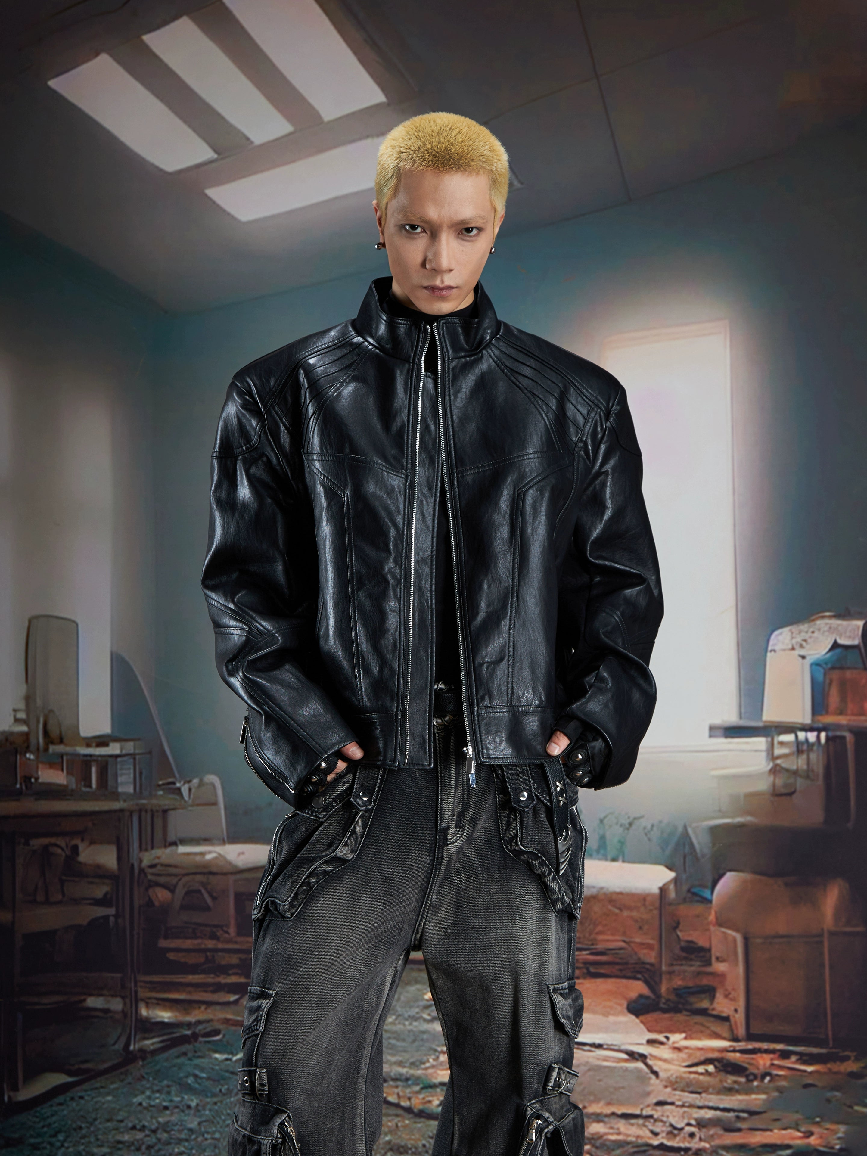 NUndefined Stitched Stand-up Collar Loose Zip Leather Jacket