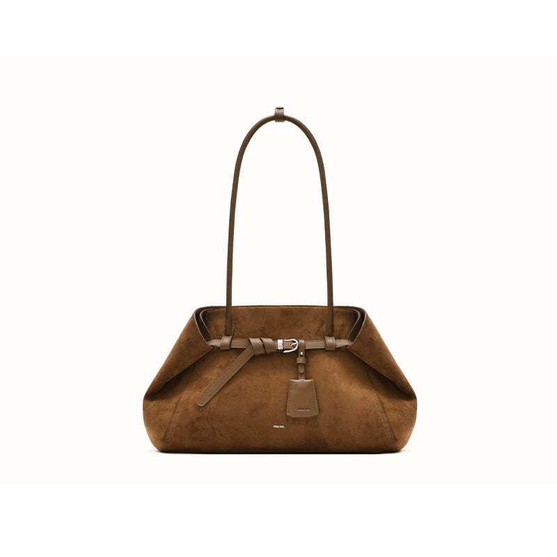 muva. Caramel Brown Suede Magnetic Snap Shoulder Bag