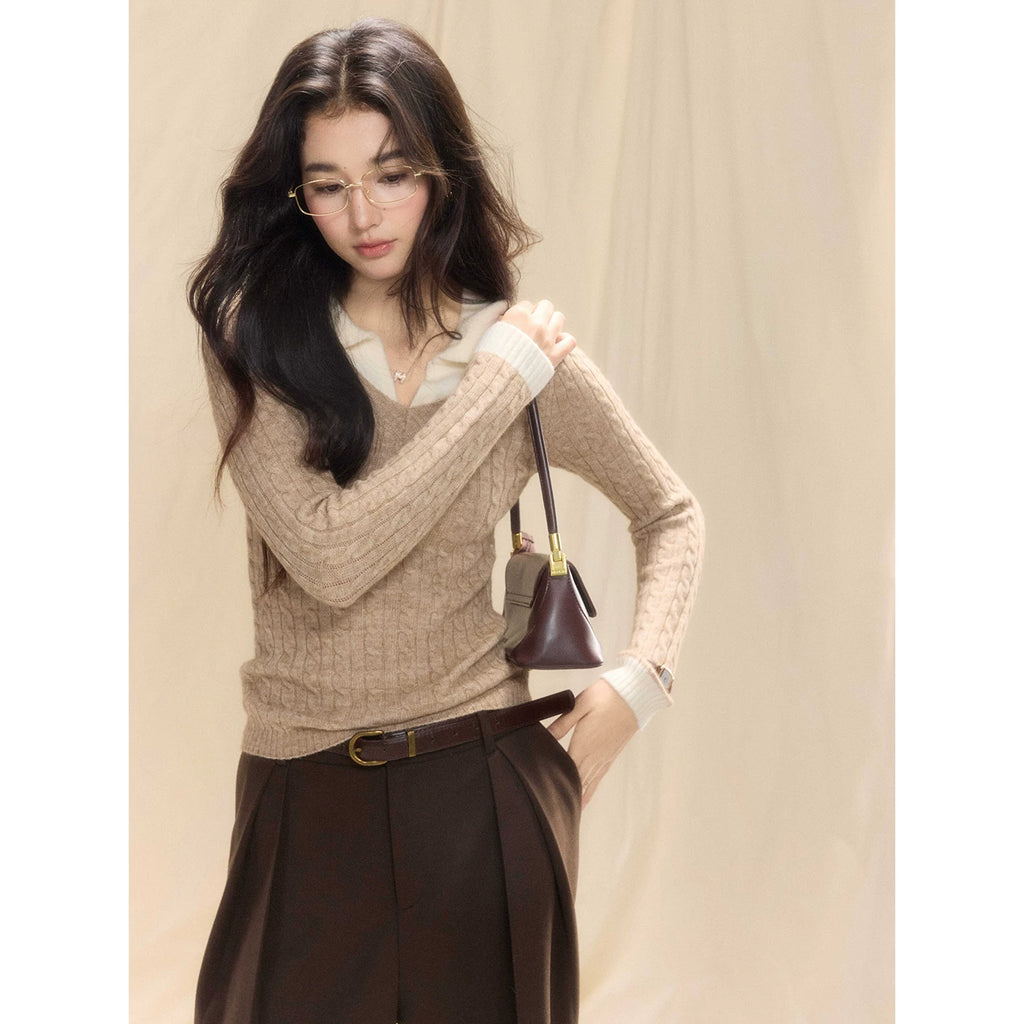 TYANG Contrasting Polo Collar Fake Two-piece Knitted Sweater