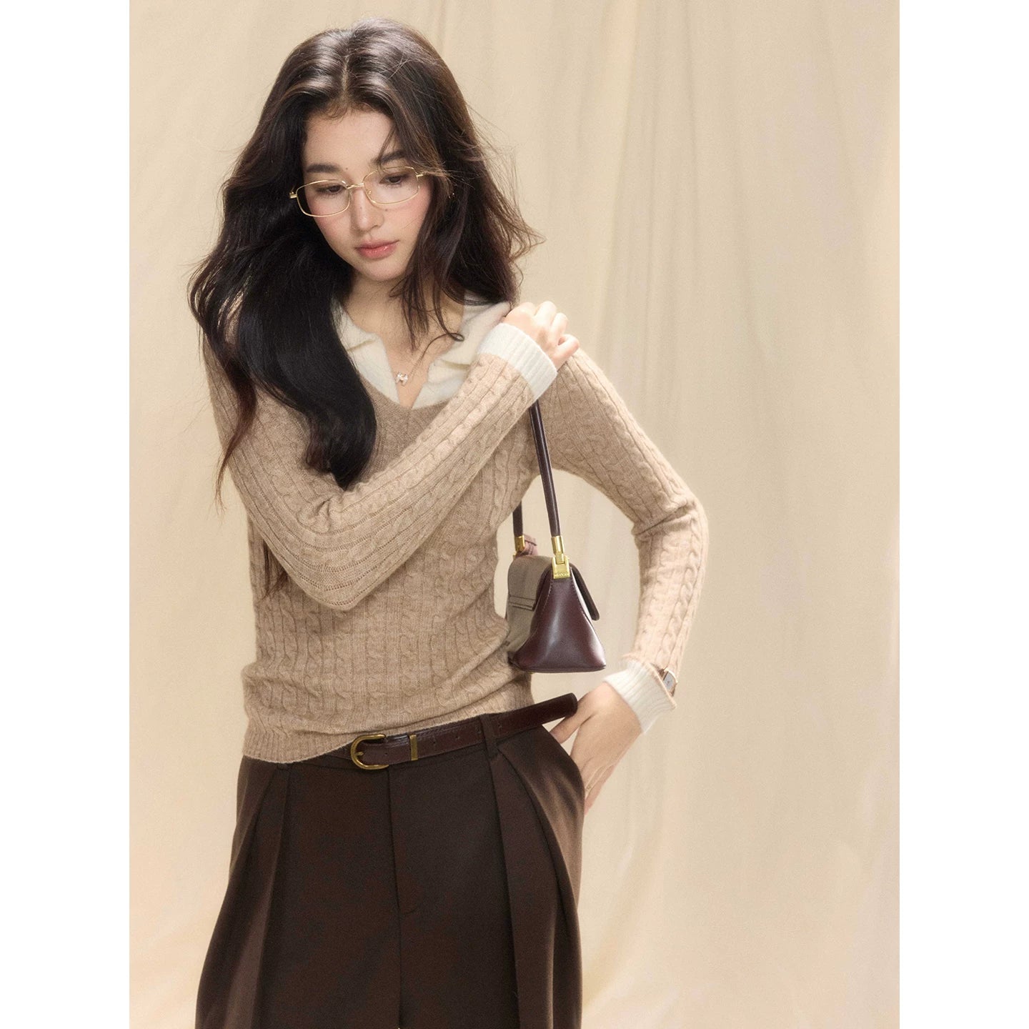 TYANG Contrasting Polo Collar Fake Two-piece Knitted Sweater
