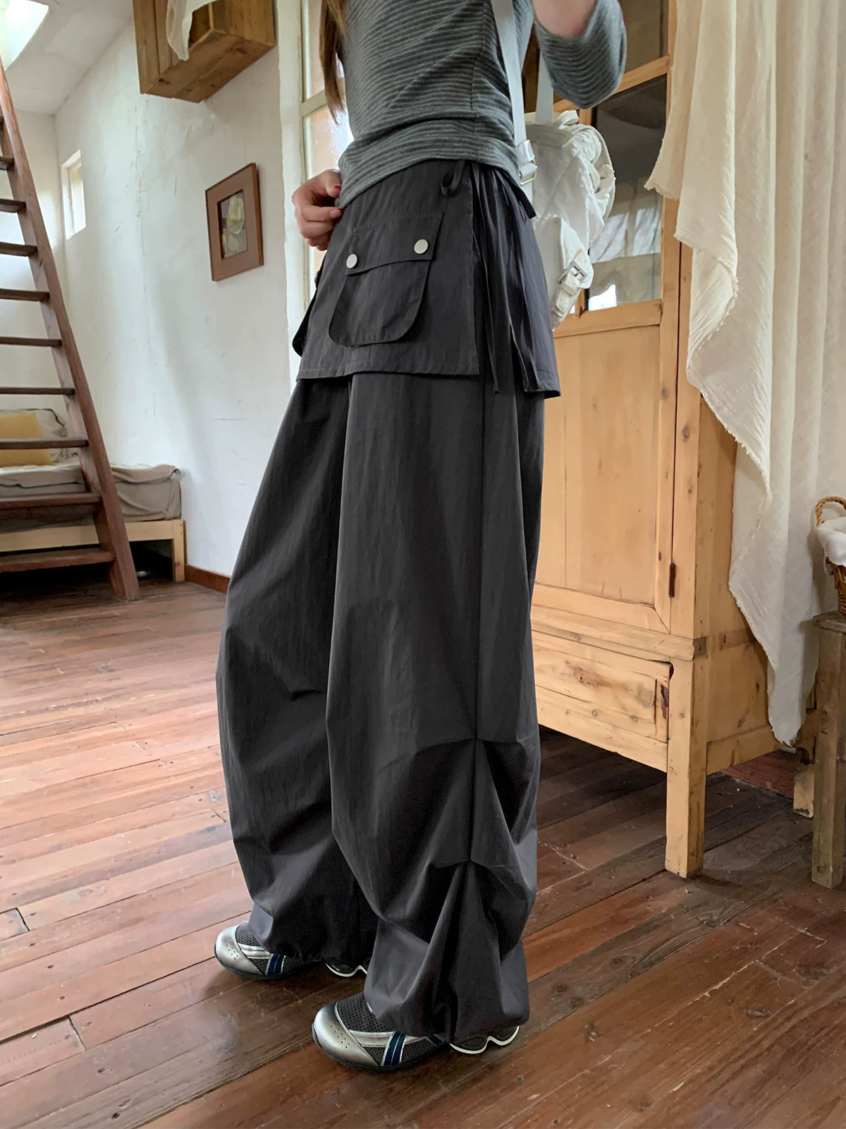 KANO Removable Flap Cargo High-Waist Wide-Leg Pants