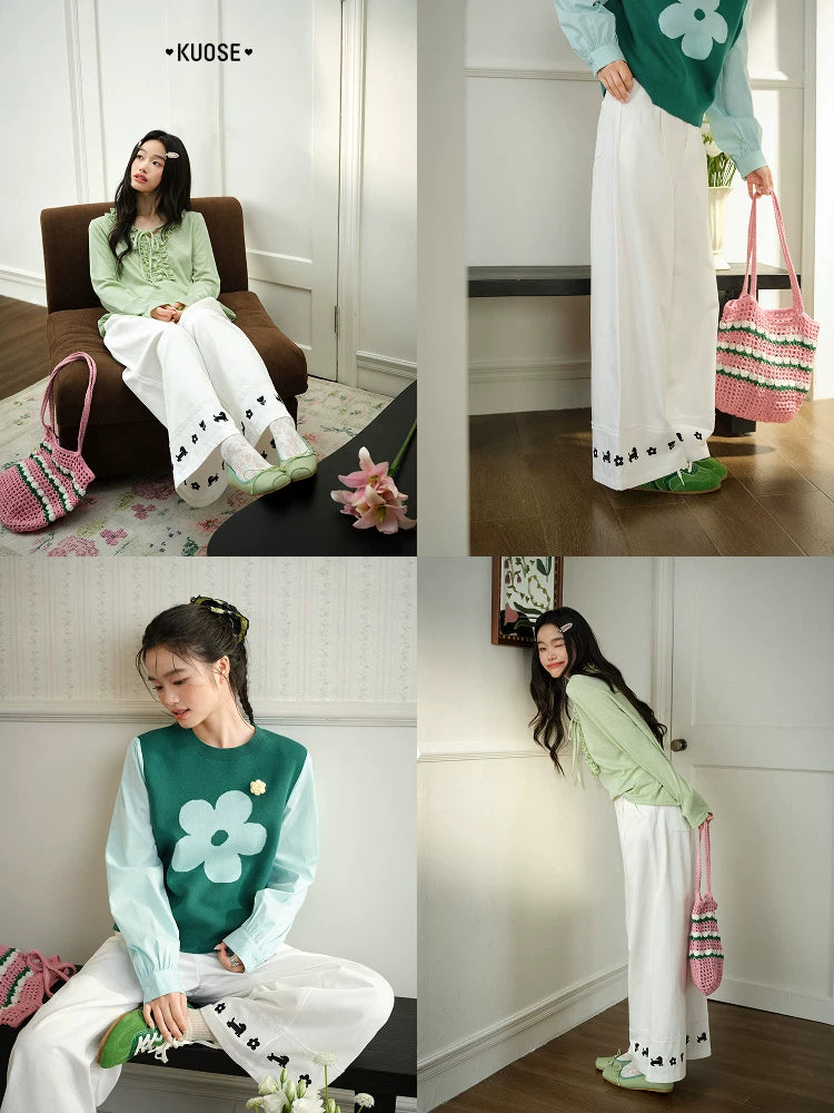 KUOSE Lace-embroidered Straight Wide-leg Pants