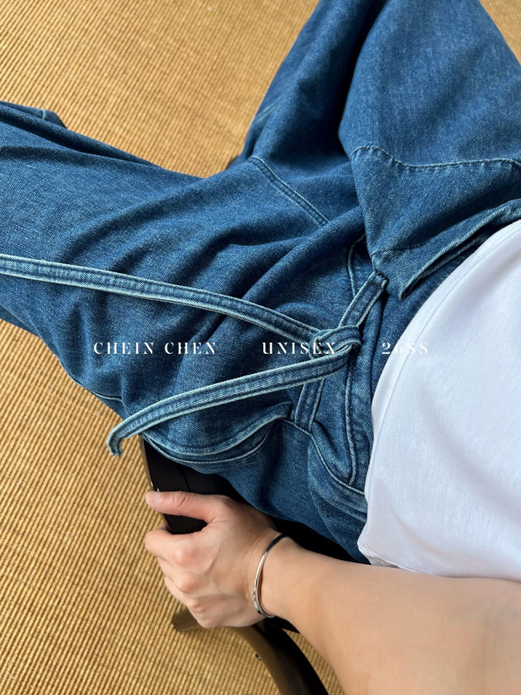 CHEIN CHEN Designer Slanted Strap High-Waist Relaxed Jeans