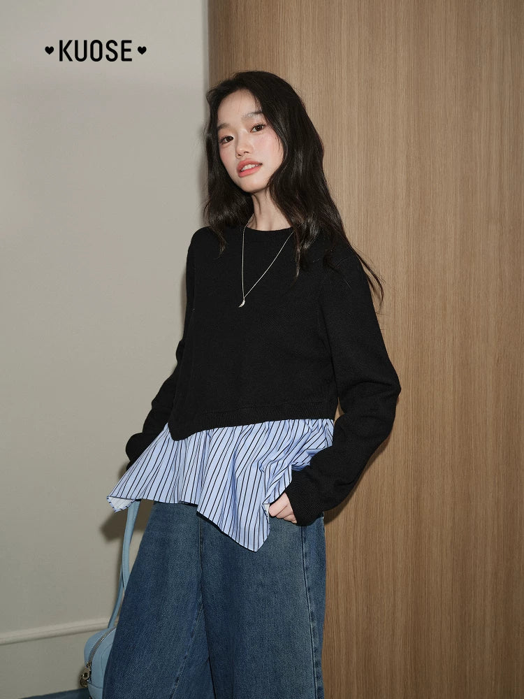 KUOSE Fake Two-piece Spliced Striped Sweater