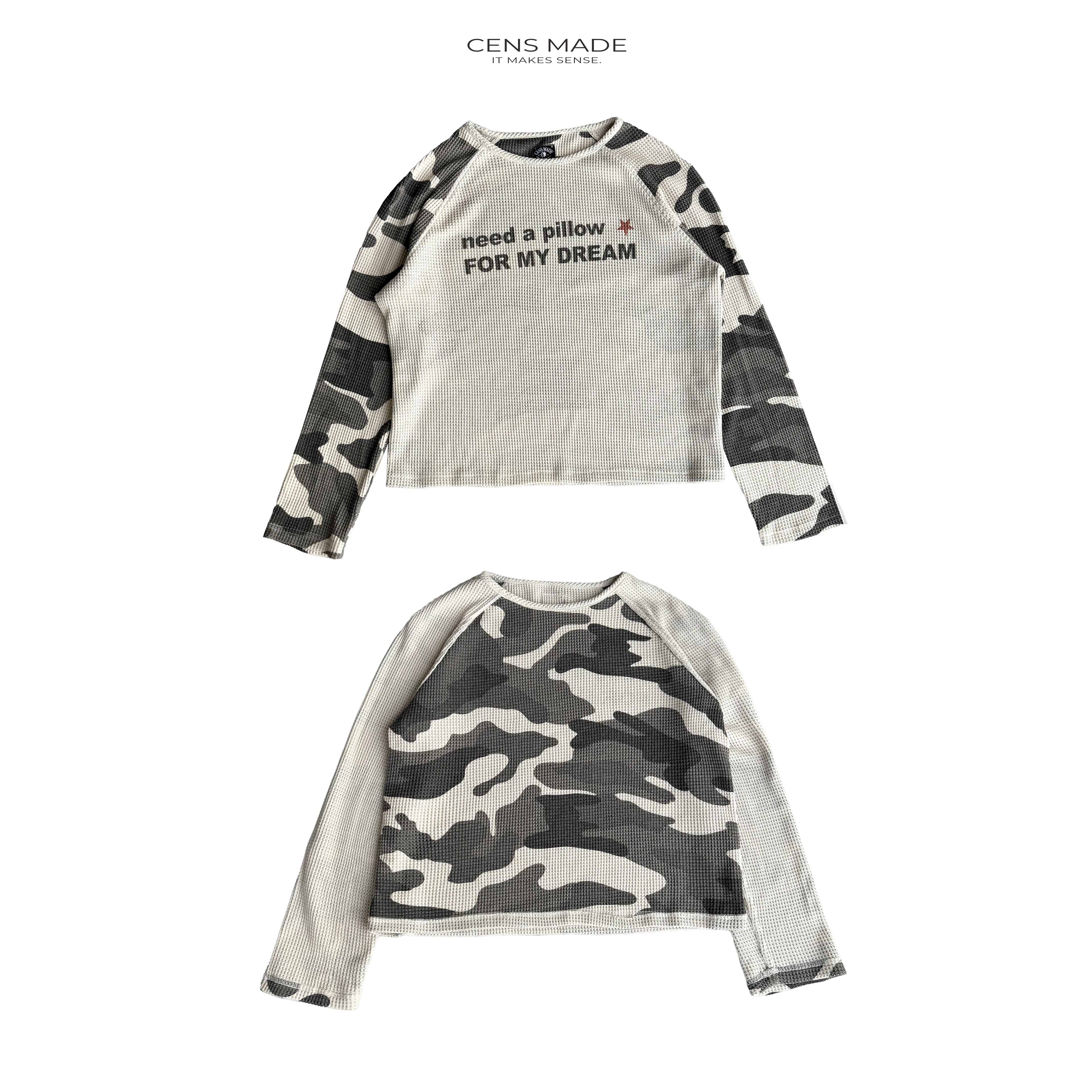CENSMADE Letter Printed Camouflage Double Sided Piercing Shoulder Sleeve Long Sleeve