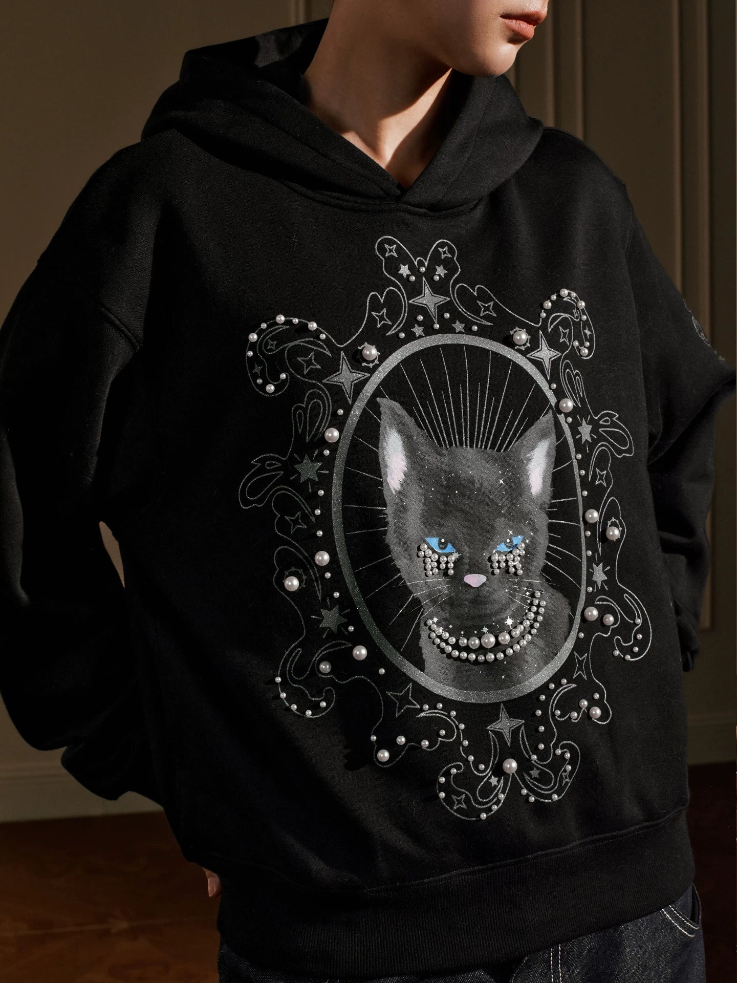 YADcrew Cat Print Hooded Sweater