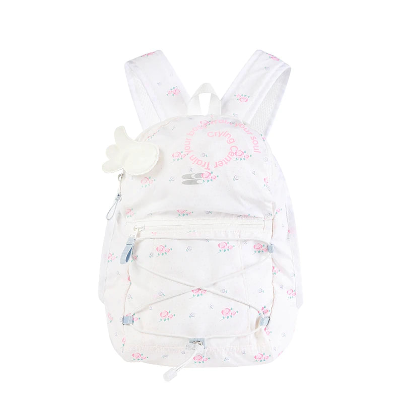Crying Center White Floral Nylon Zip-Top Backpack