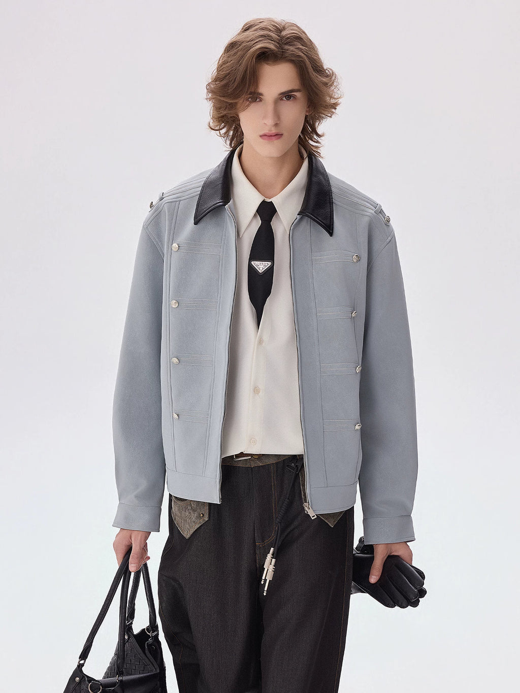 CHOR Color-Block Cropped PU Leather Jacket