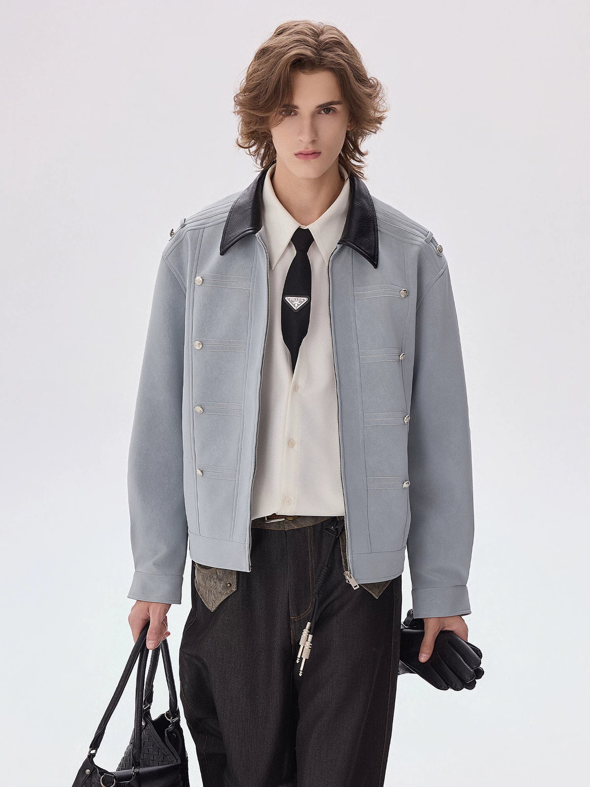 CHOR Color-Block Cropped PU Leather Jacket