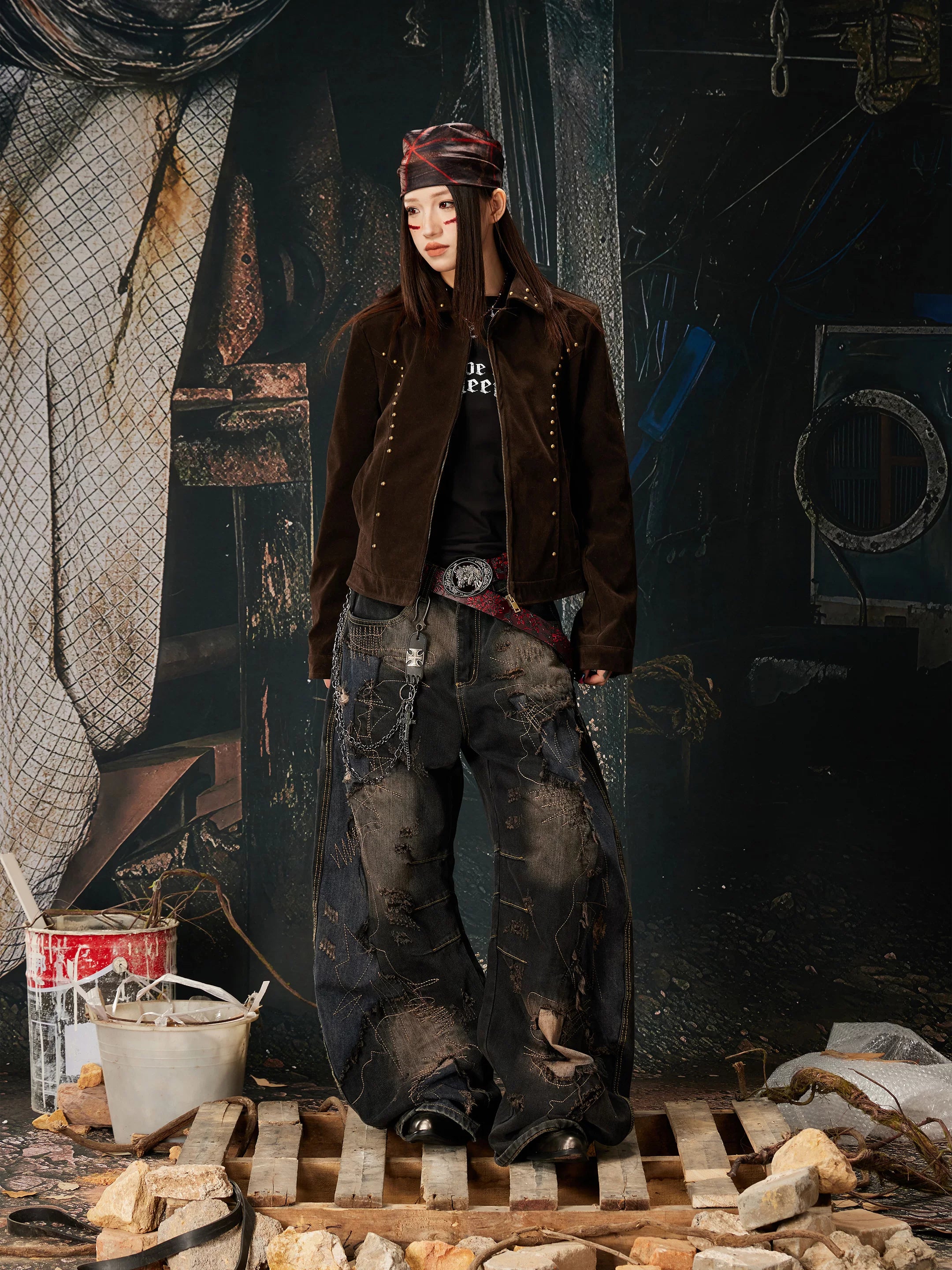 NOMANIAI Fleece Vintage Slim-fit Rivet Stand-up Neck Zipper Jacket