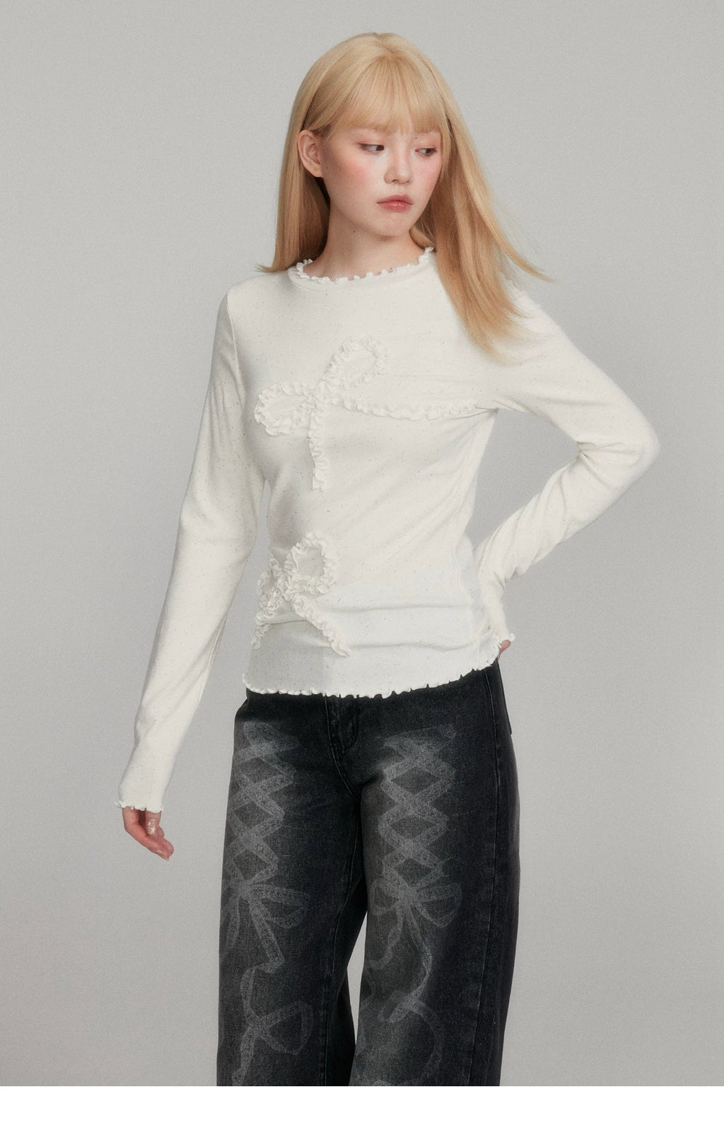 LOST FOREST Color Dot Bow Warm Long Sleeve
