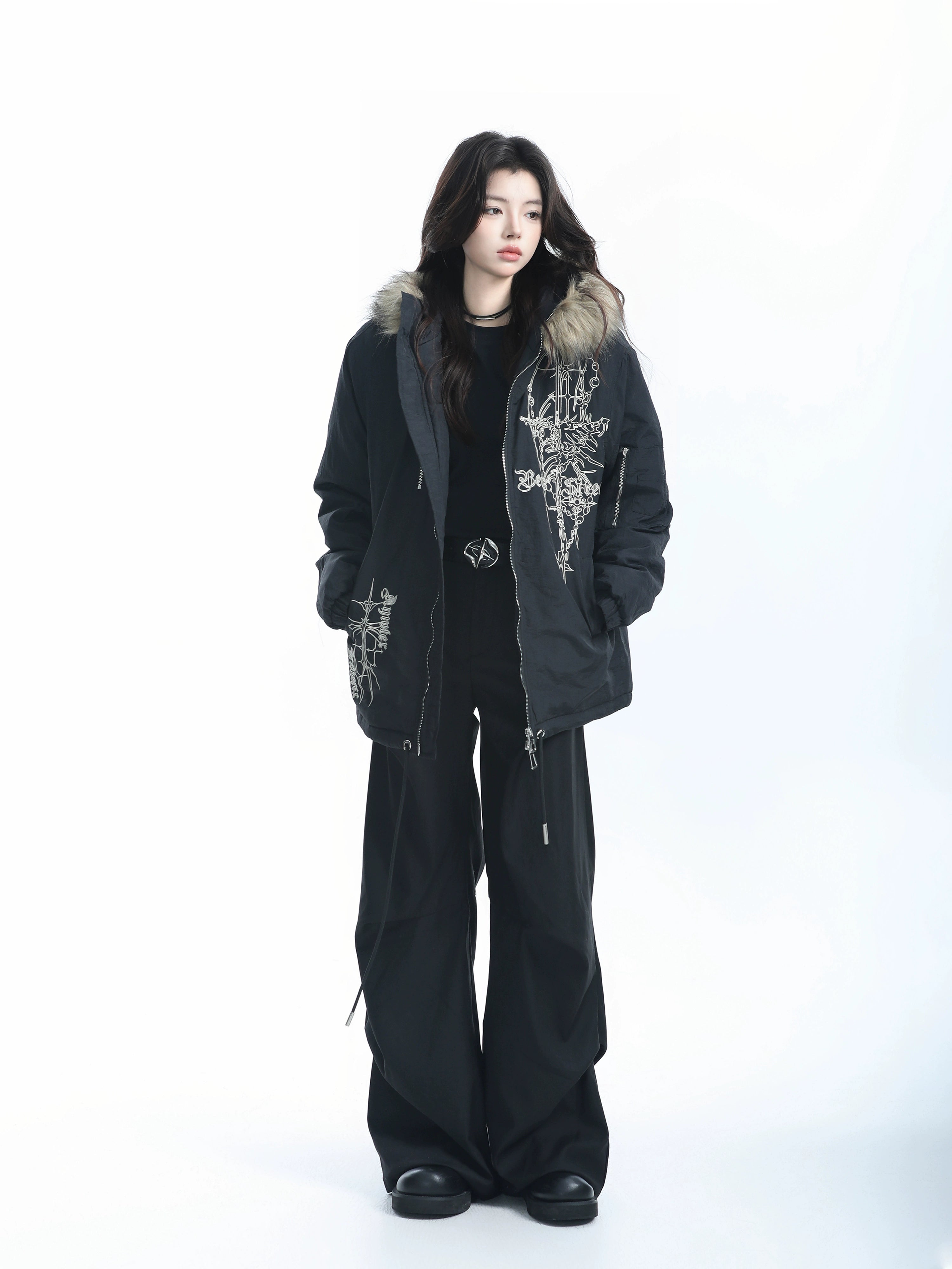 Zuocisankon Vintage Fur Collar Hooded Cotton Dress