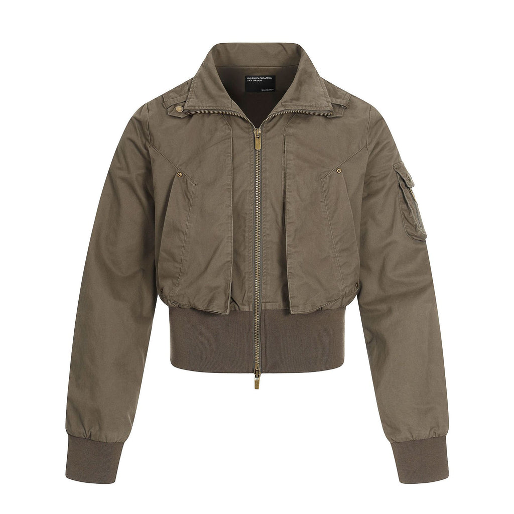 11KN Retro Splicing Slim-fitting Waist Short Wide Stand-up Collar Jacket