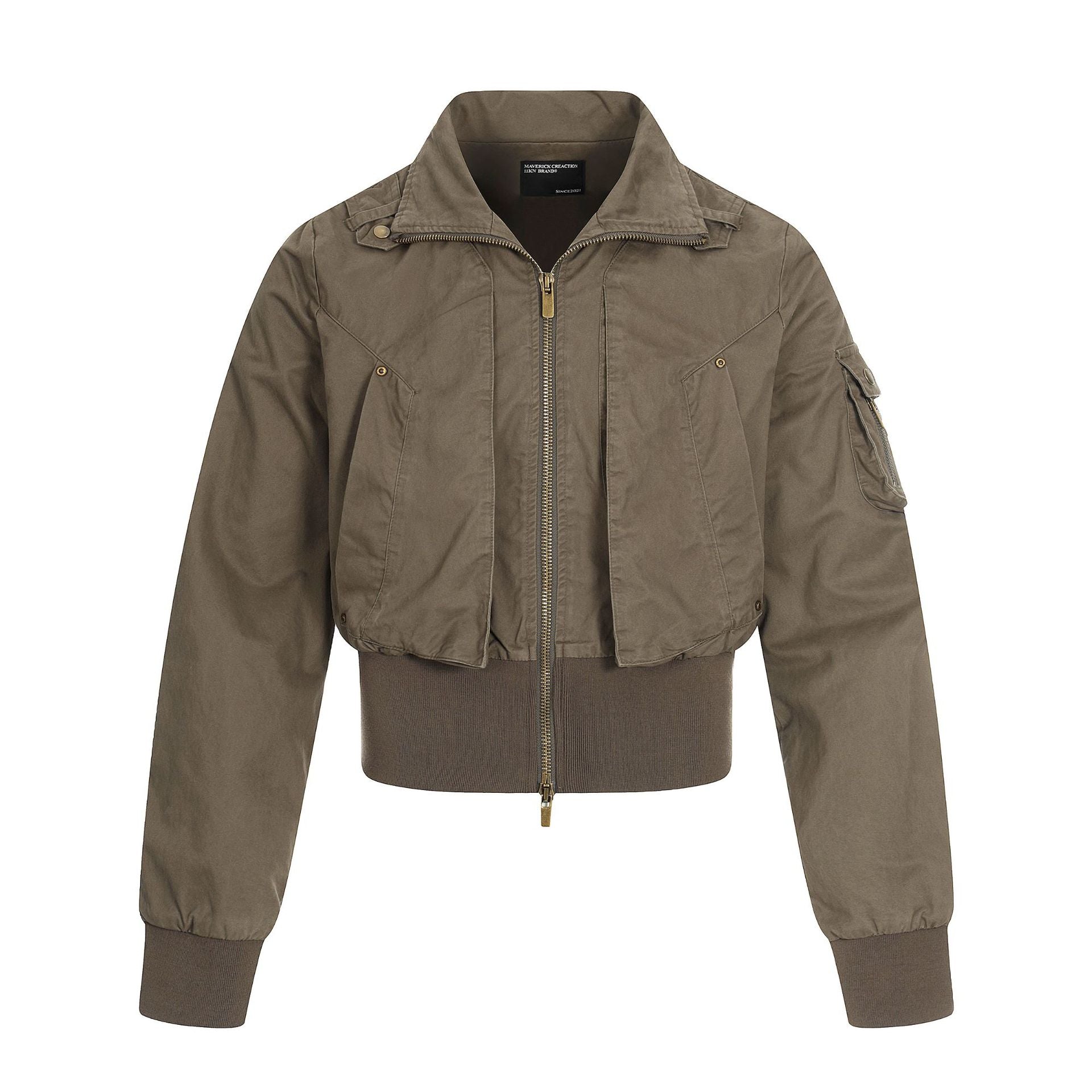 11KN Retro Splicing Slim-fitting Waist Short Wide Stand-up Collar Jacket