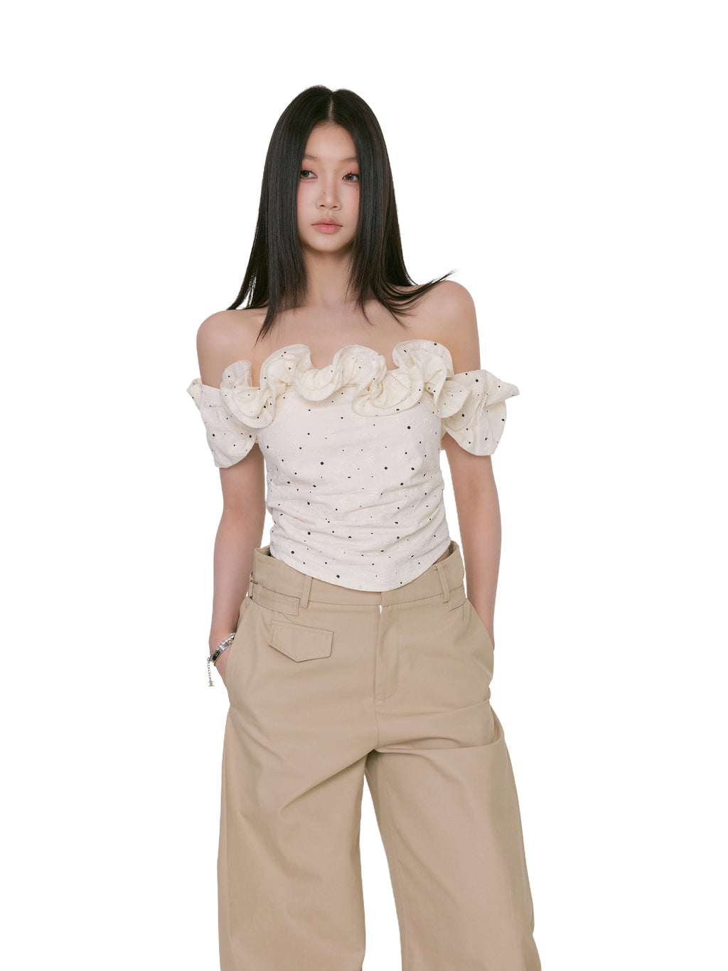 WITHMIN One-word Shoulder Polka Dot Waist Shirt