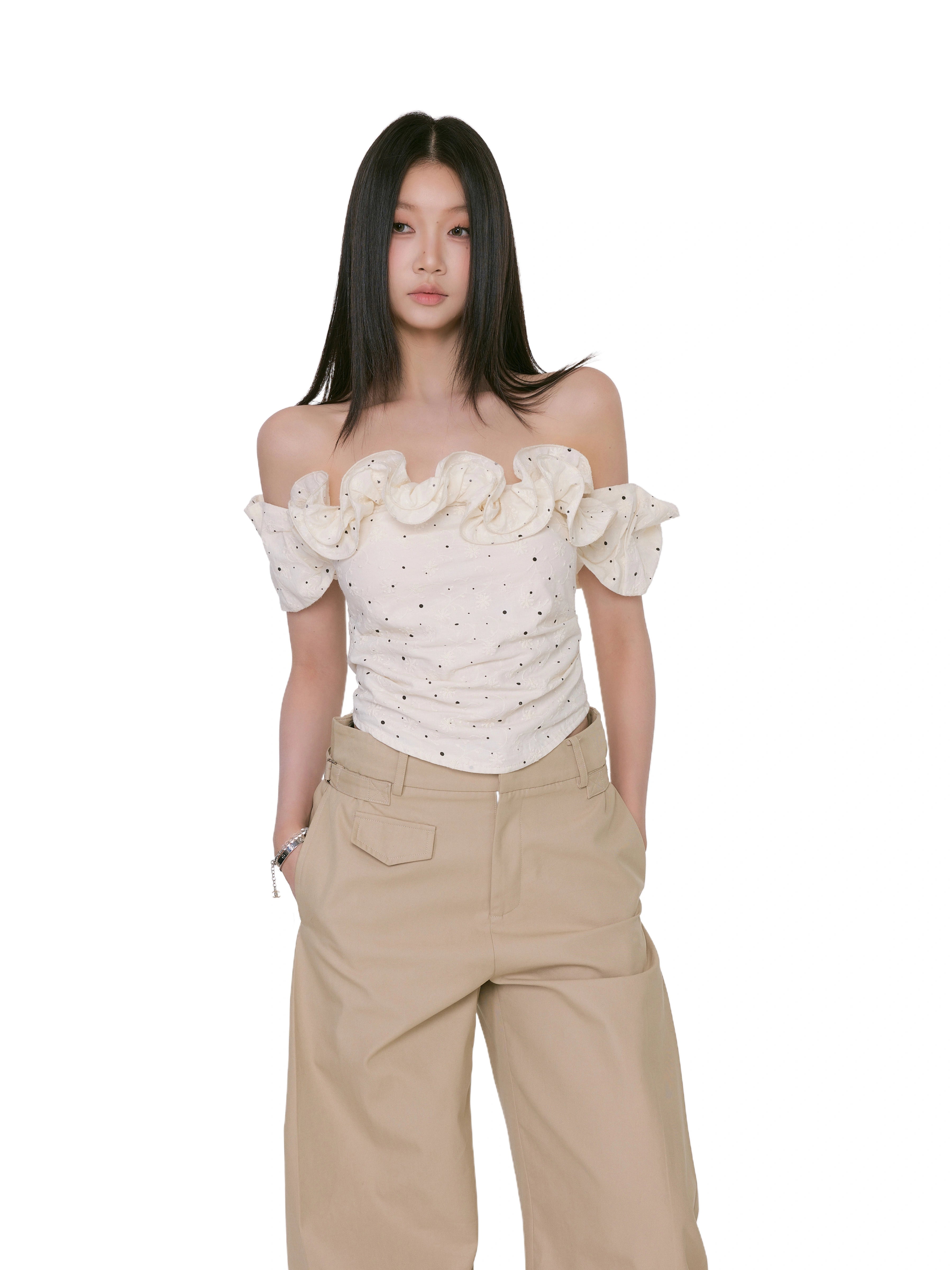 WITHMIN One-word Shoulder Polka Dot Waist Shirt