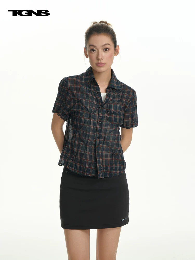 TGNS Plaid Cropped Breathable Loose Fit Blouse