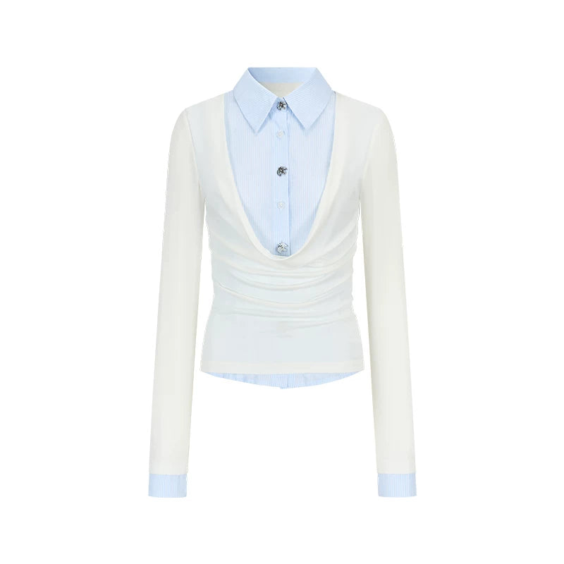AnnoMundi White Feather Silk Draped Neck Slim-Fit Long-Sleeve Tee