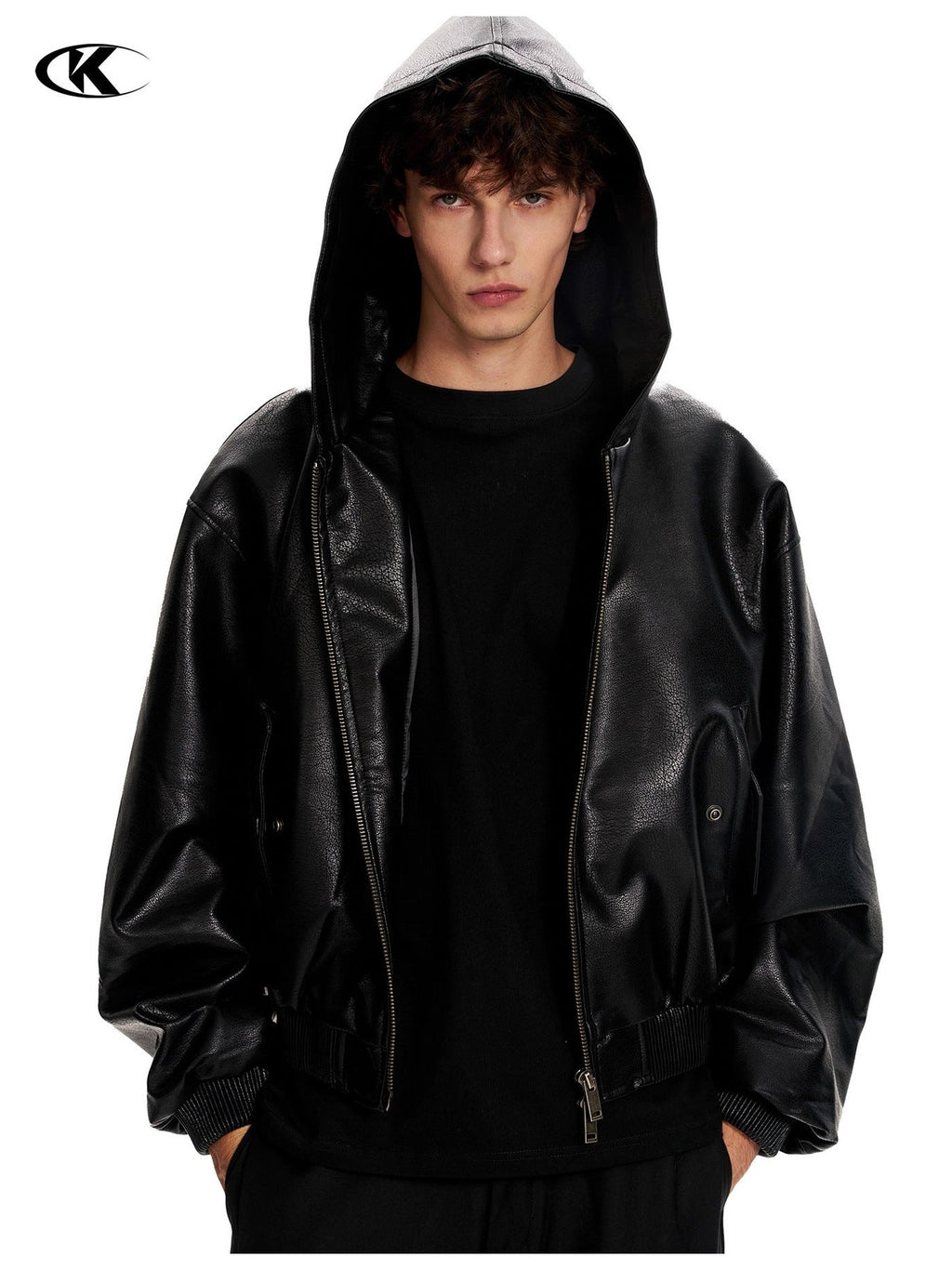 11KN Hooded Short Wide Leather Jacket Embossed Pattern Jacket