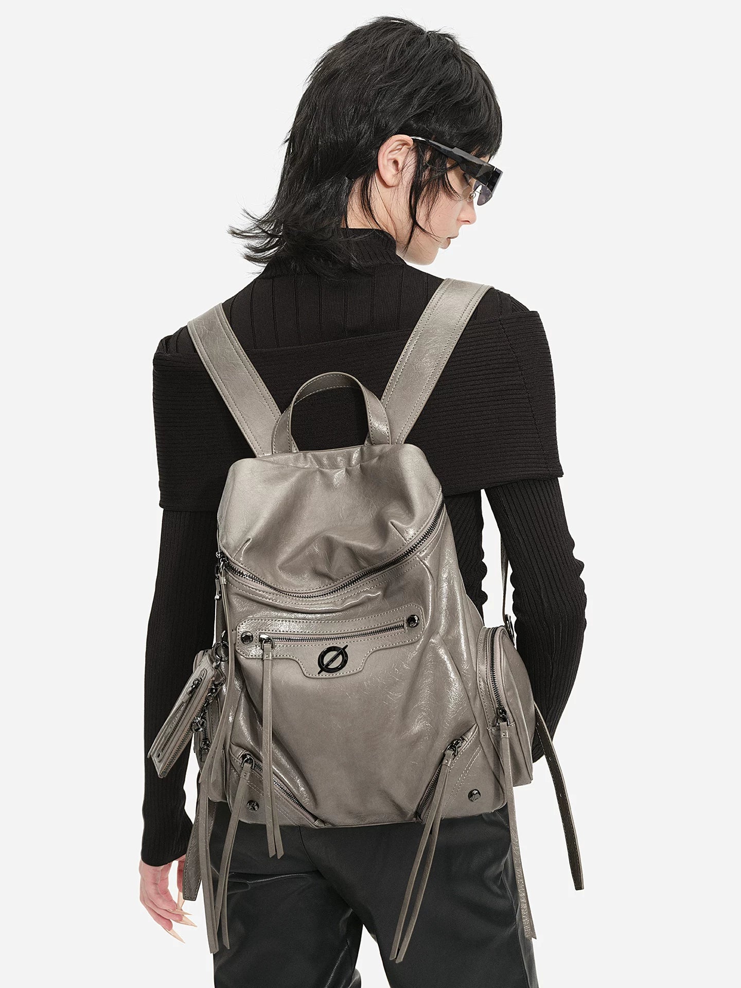 JELLY TOYBOY Black Faux Leather Zip-Top Bucket Backpack