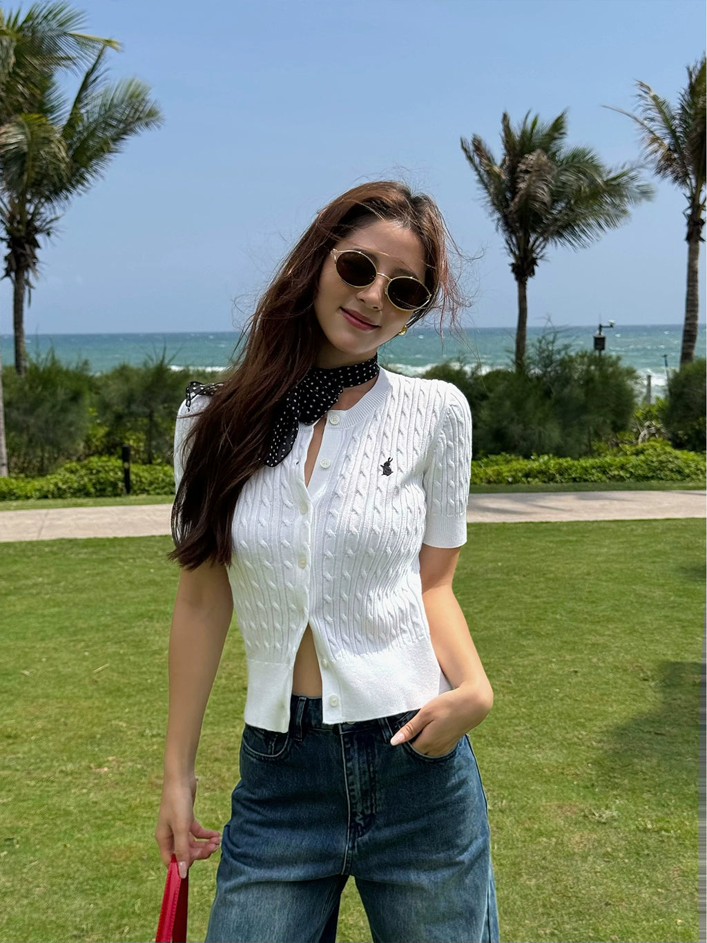 NEVA HU Embroidered Crew Neck Twist Short-sleeved Knitted Cardigan