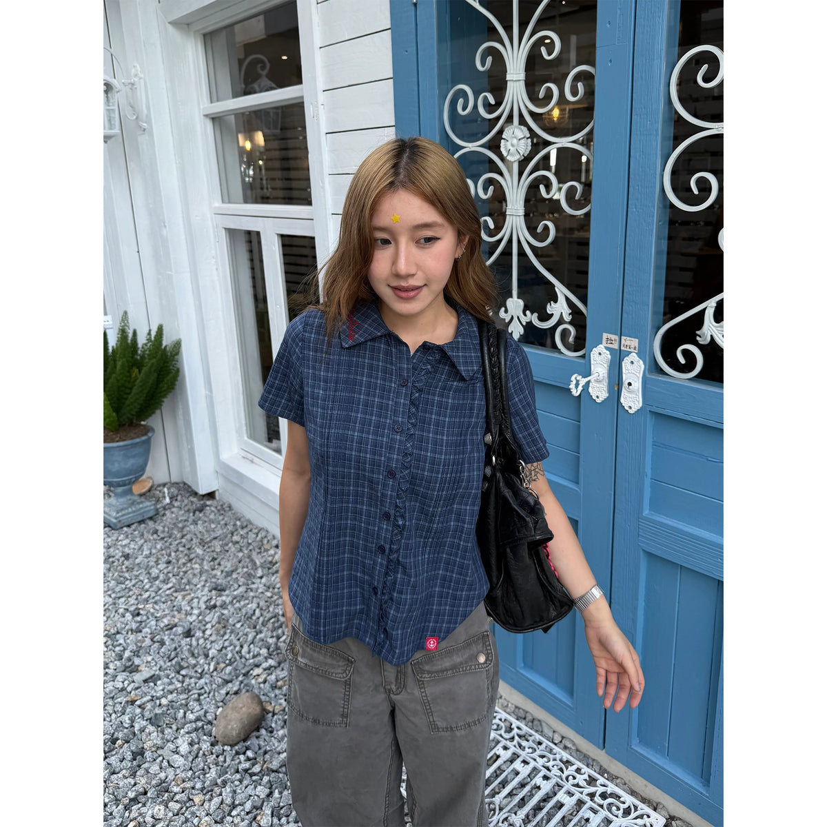 CCYE Plaid Cropped Embroidered Lace Shirt