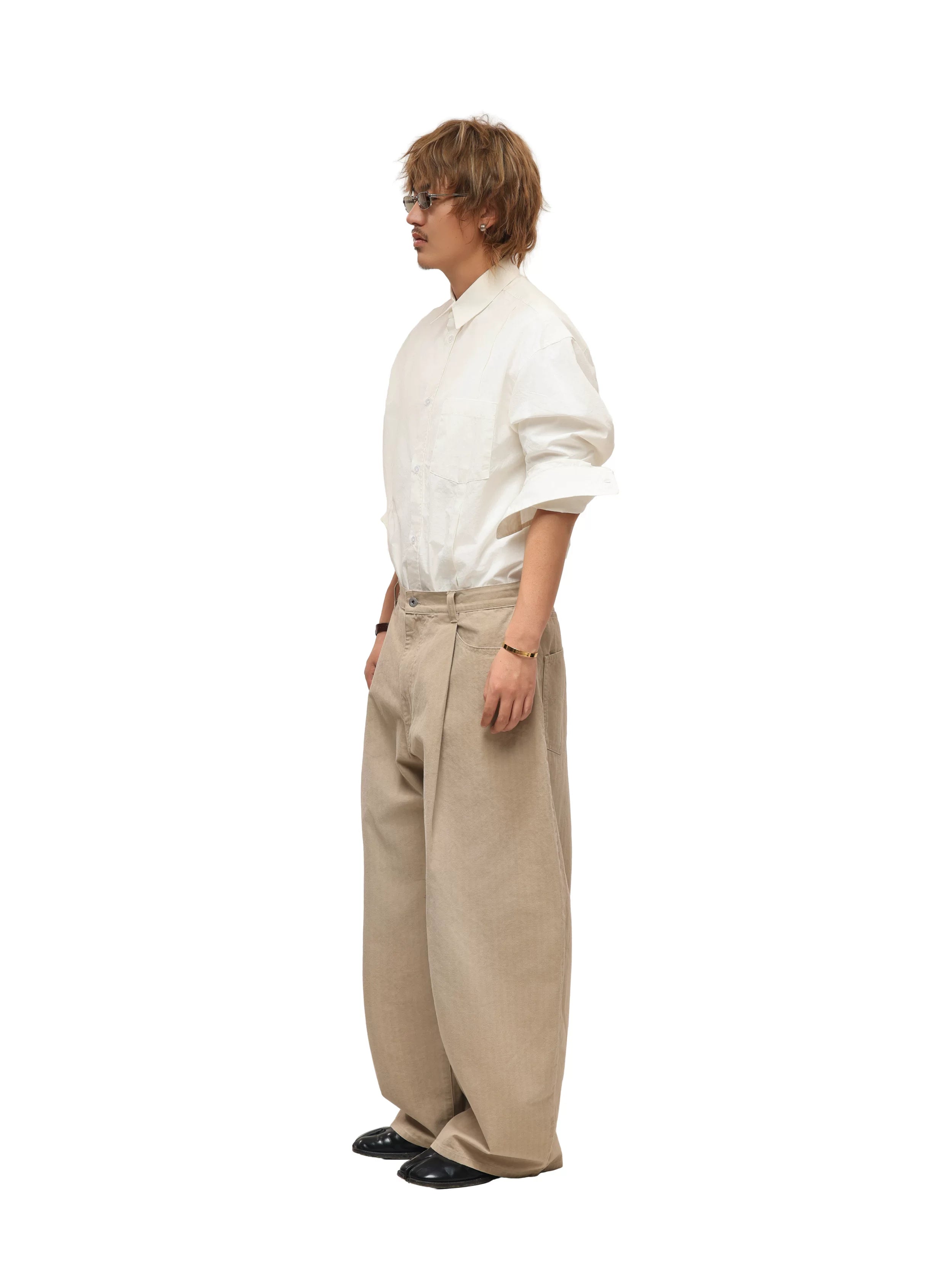 6CRAYON Khaki Herringbone Washed Wide-Leg Trousers